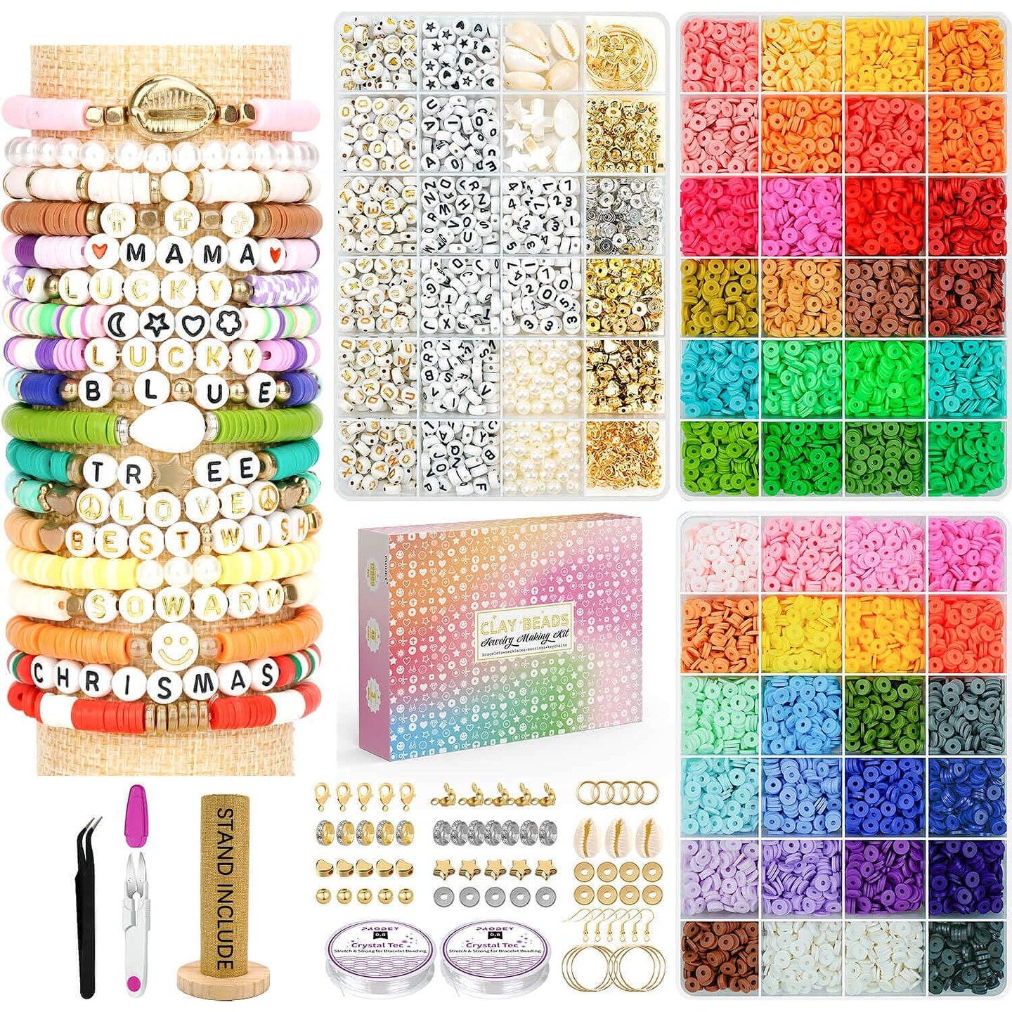 Friendship Bracelet Kit, 14,000Pcs 48 Colors Clay Beads Bracelet Making Kit With Holder Jewelry Maker With Number Letter Bead Silver Gold Spacer Bead Set Gift For Kids Teen Girls Crafts