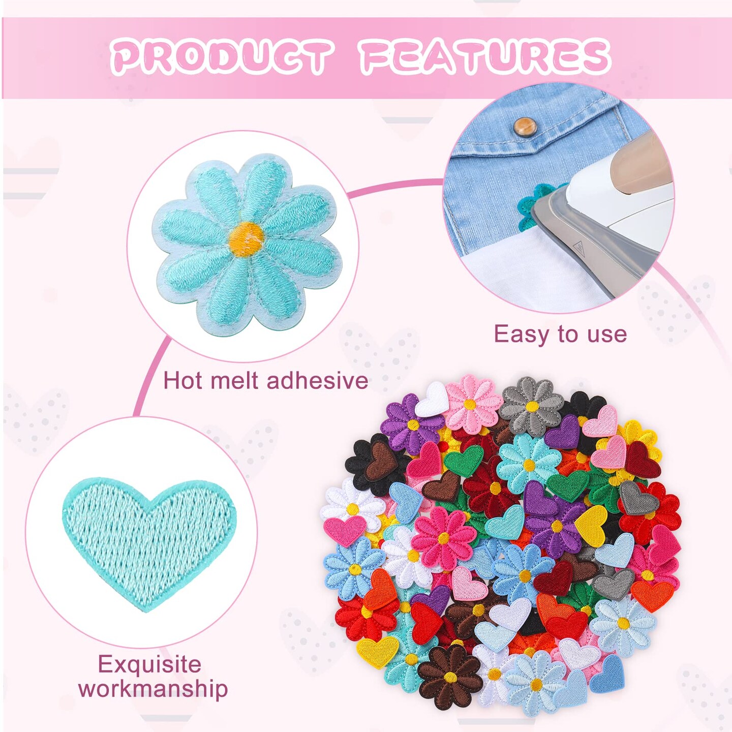 120 Pieces Flower, Heart Patches Mini Embroidery Applique Patches Colorful Sew Iron on Patches for Clothing Repair Decorations DIY Craft (Flower, Heart)