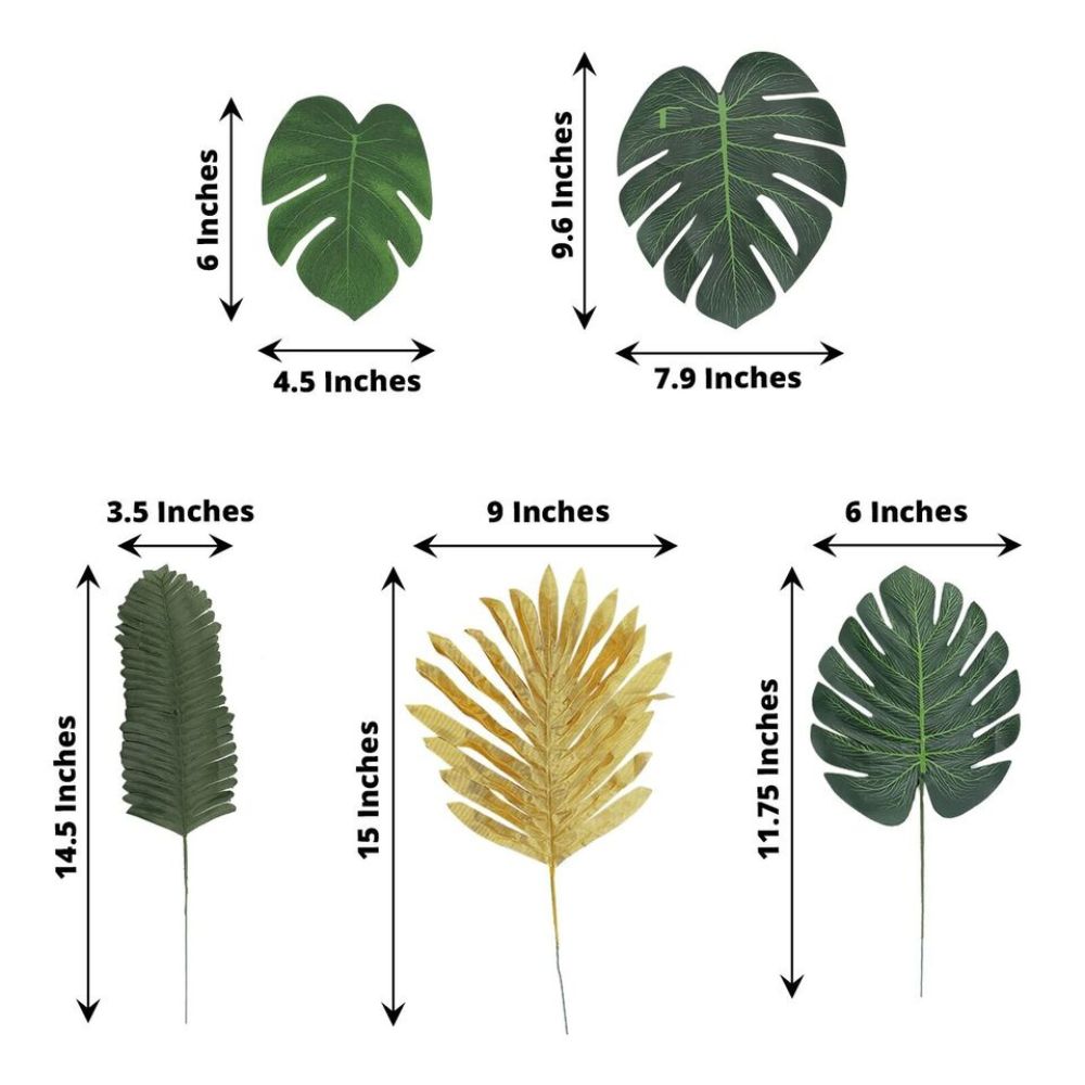 Tropical Elegance 28 Assorted Green and Gold Silk Palm and Monstera Leaves