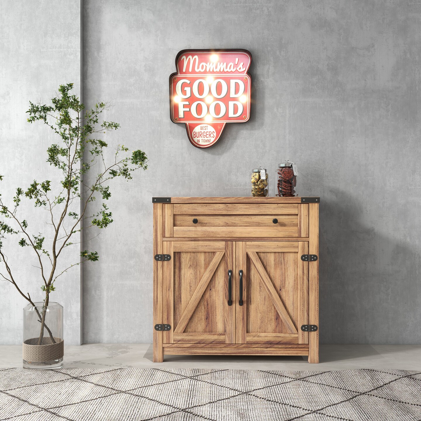 Double Barn Door Accent Cabinet in Yellow Walnut | Farmhouse Charm