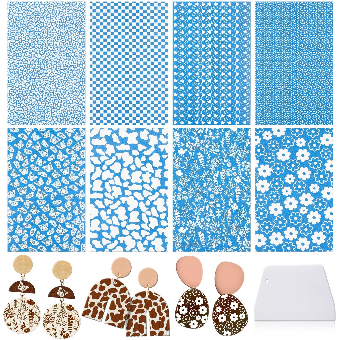 9 Pieces Silk Screen Stencil for Polymer Clay Texture Sheet Cutter Tool Reusable Silkscreen Print Kit with Scraper Self Adhesive Silk Screen Printing for Jewelry Earring Making DIY Craft Supply (Flower)