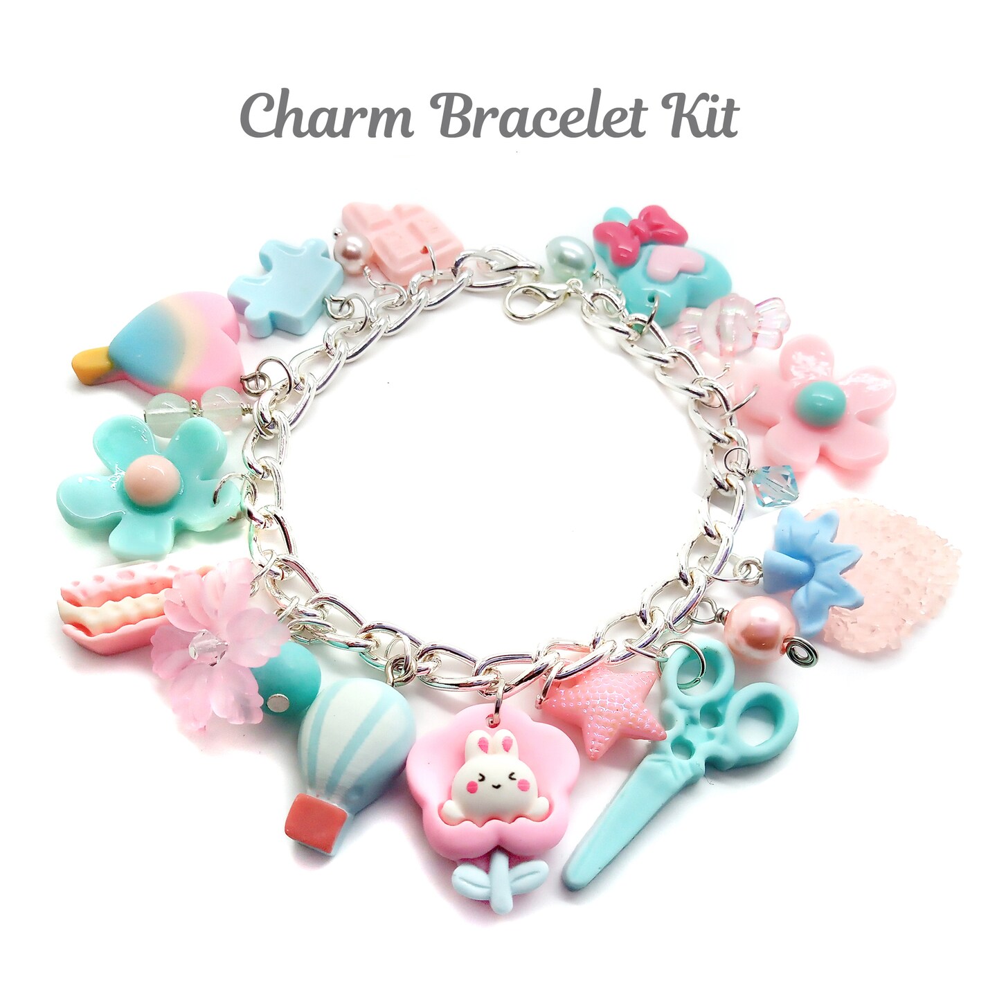 Pastel Charm Bracelet Kit, with Cute Chunky Charms, up to 7.5 inches, Adorabilities