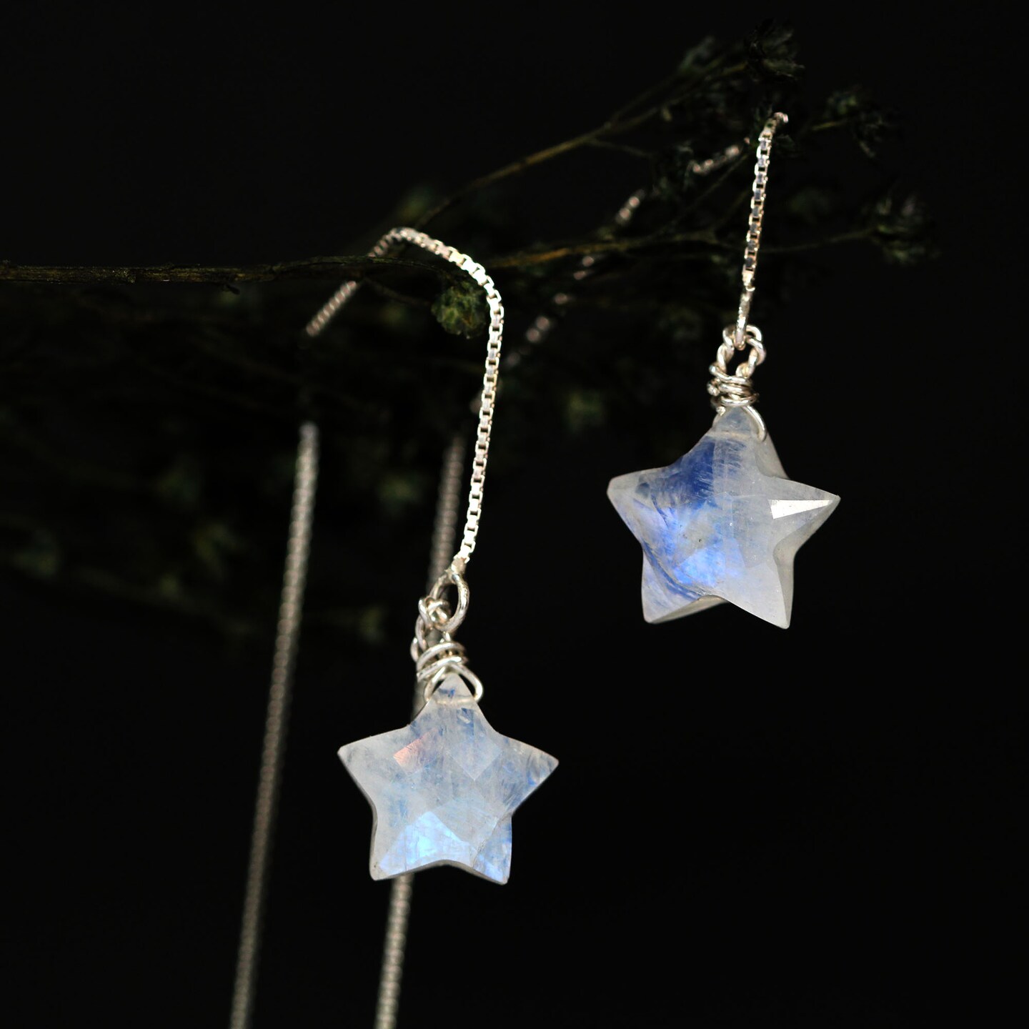 Rainbow moonstone star ear threader earrings in 925 sterling