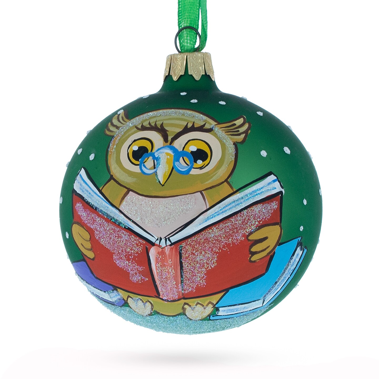 Wise Owl Reading Book Glass Ball Christmas Ornament 3.25 Inches