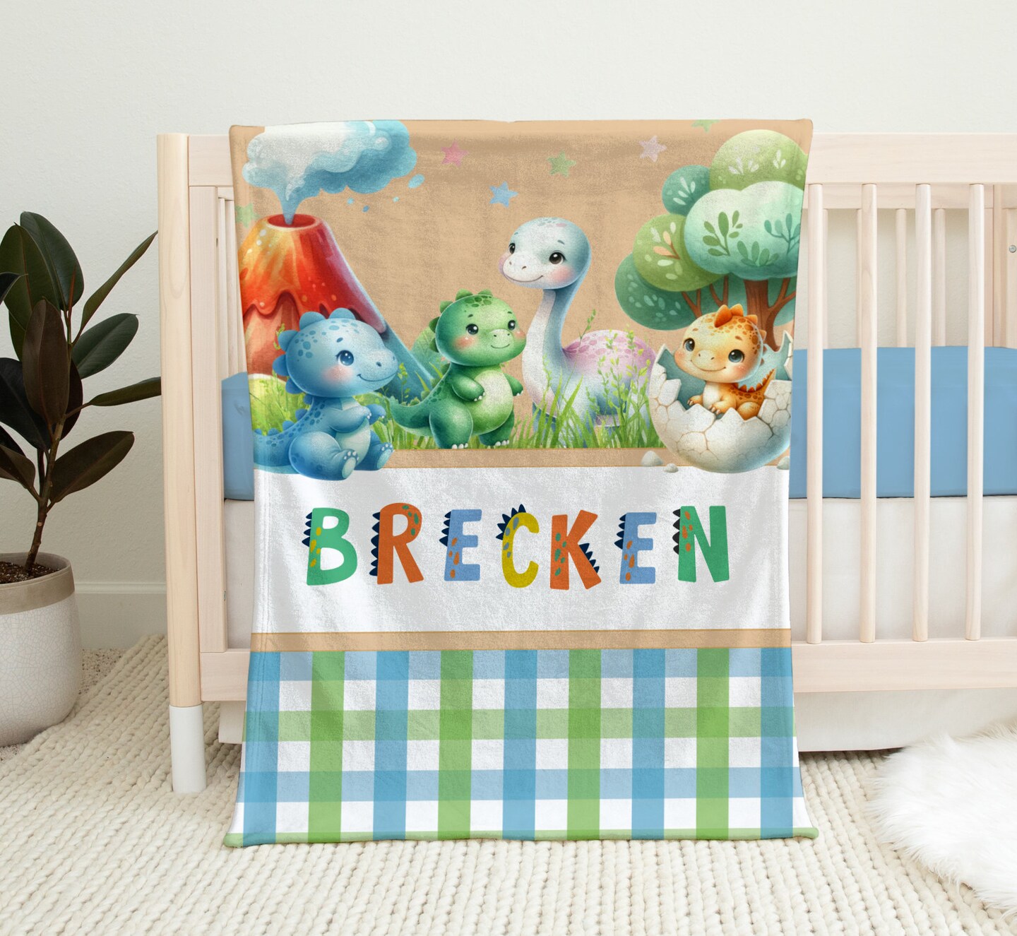 product name is Personalized Baby Blanket, Baby Dinosaur Blanket, Newborn Gift, Gift For Baby Boy, Birthday Boy, Dino, Dinosaur Nursery, Baby Shower Gift.