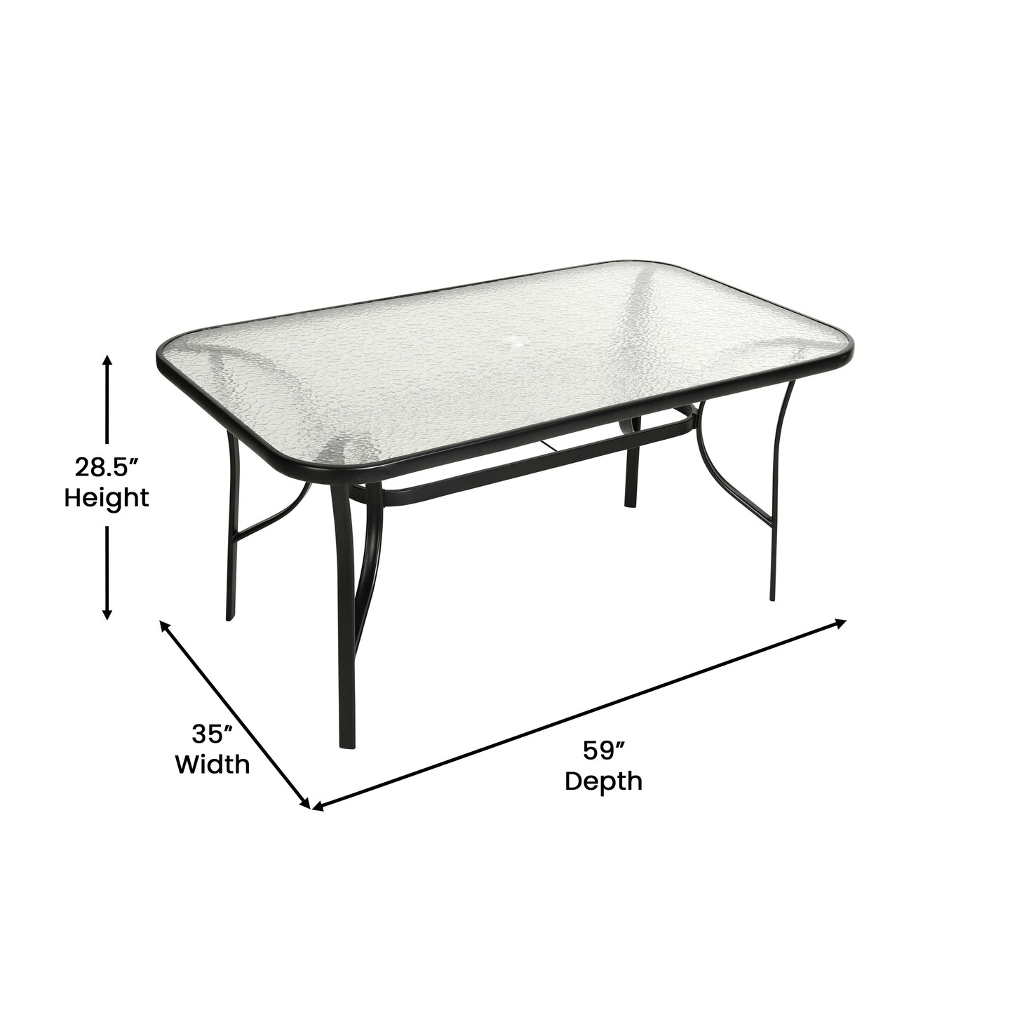 Emma and Oliver Tala Rectangular Tempered Glass Top Patio Table with Umbrella Hole and Black Steel Tube Frame