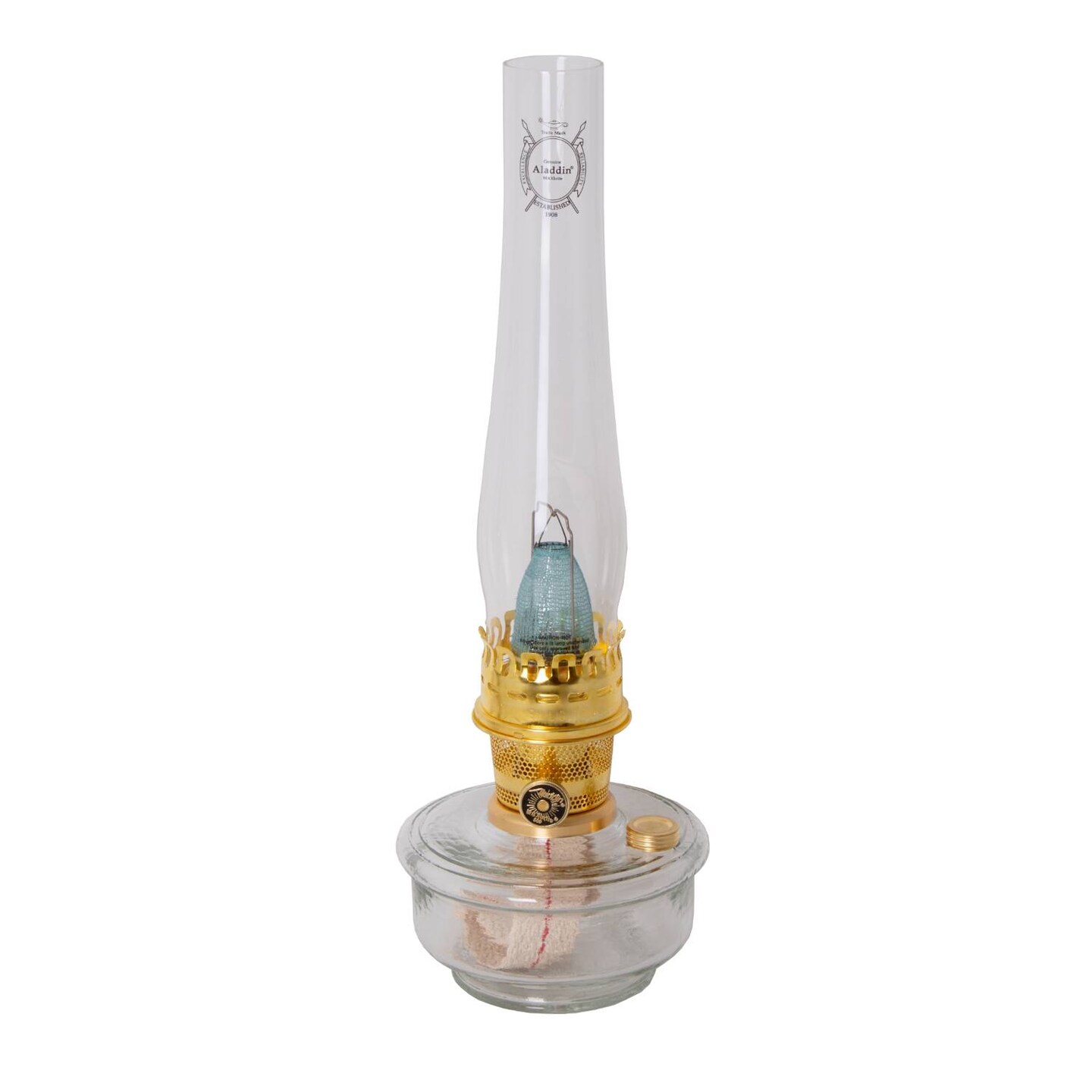 Aladdin Genie III Oil Lamp, Indoor Emergency Lighting for Shelf, Table or Hanging, Glass Bowl with Brass or Nickel Burner