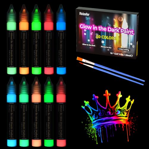 10 Colors Glow in the Dark Paint, 3D Permanent Acrylic Textile Paint (20 ml/0.68 oz), Neon Craft Painting Fabric Paint for Clothes, Canvas, T-Shirt, Ideal for Art Supplies and