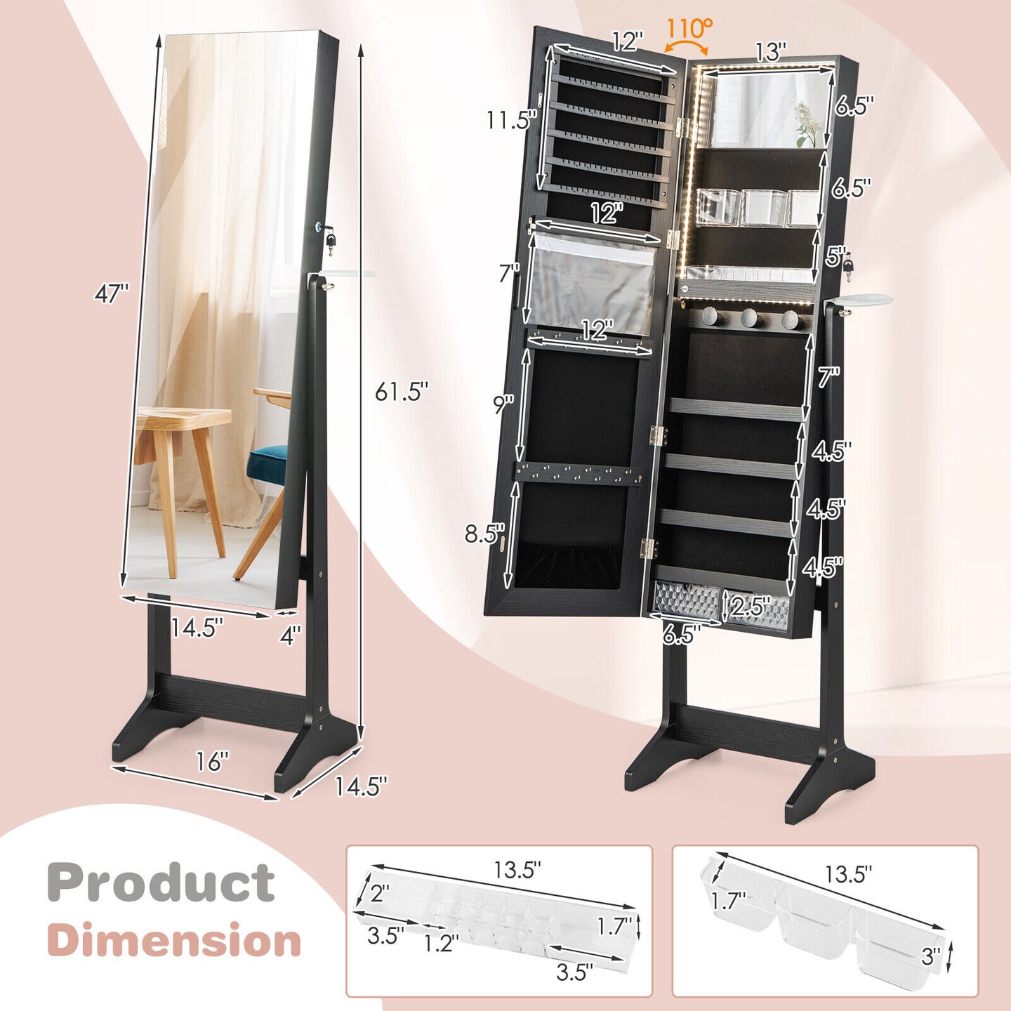 Freestanding Jewelry Cabinet With Full Length Mirror