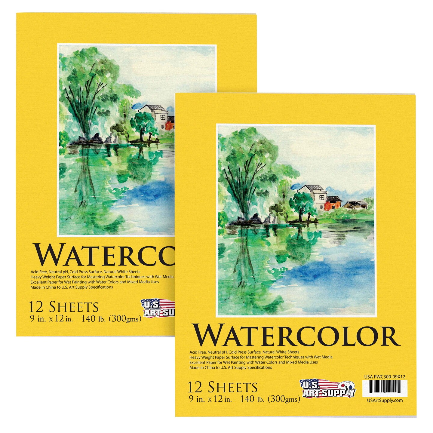 U.S. Art Supply 9&#x22; x 12&#x22; Heavyweight Watercolor Painting Paper Pad, Pack of 2, 12 Sheets Each, 140lb 300gsm, Cold Pressed, Acid-Free, Wet Mixed Media