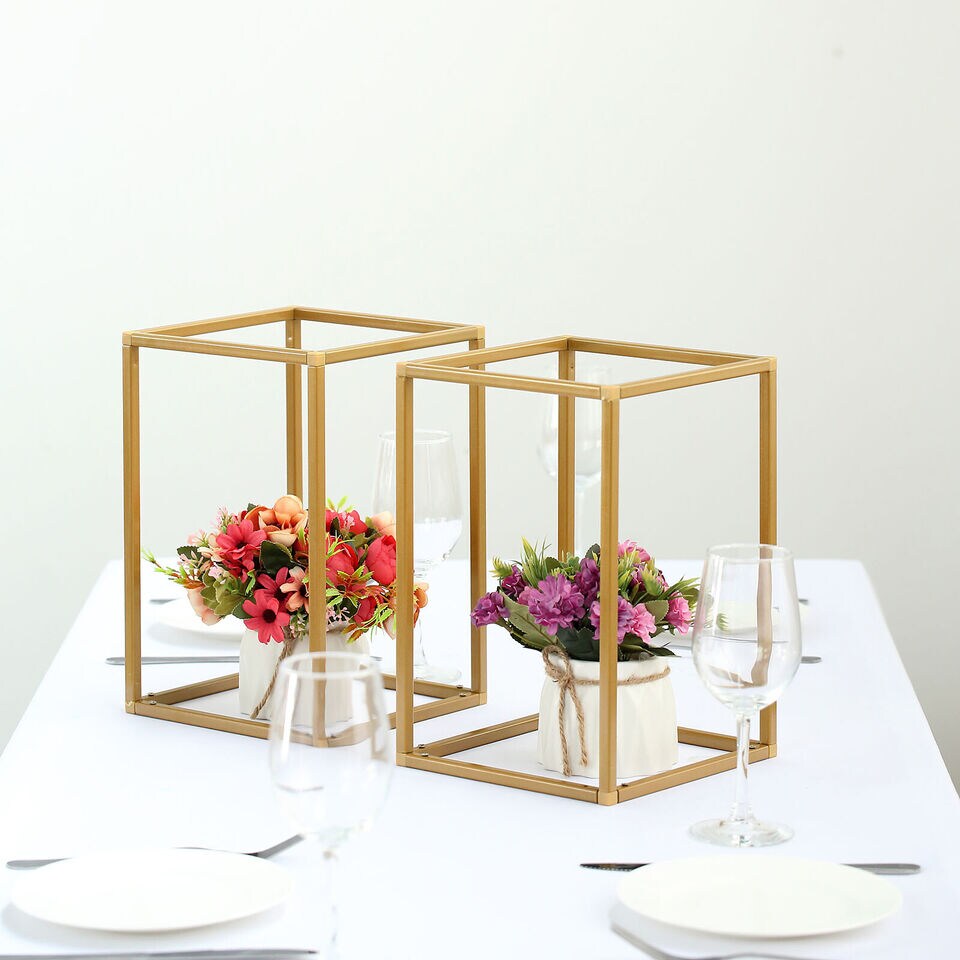 2 pcs 12-Inch tall Gold Matte Metal Geometric Stands Flower Vase Holders