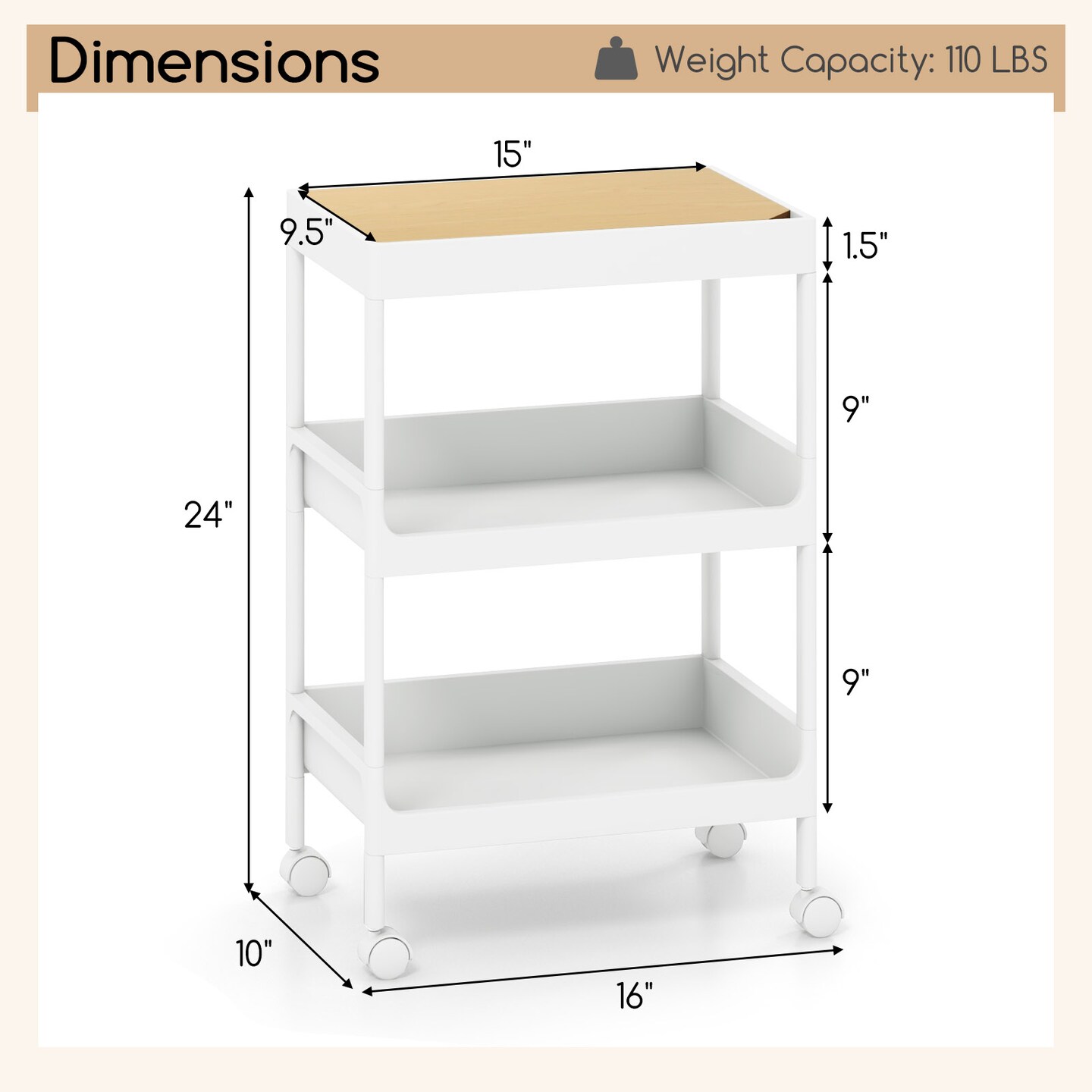 Utility Rolling Cart With Detachable Tray Top And Locking Wheels-3-tier