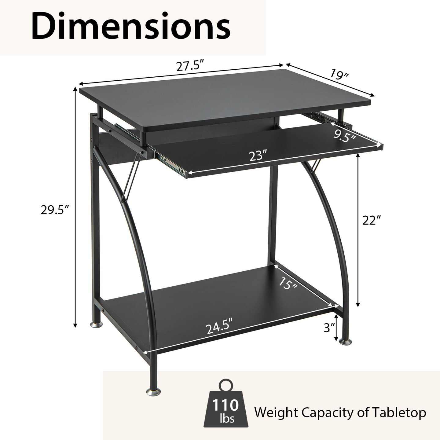 27.5 Inch Laptop Table Computer Desk For Small Spaces With Pull-out Keyboard Tray