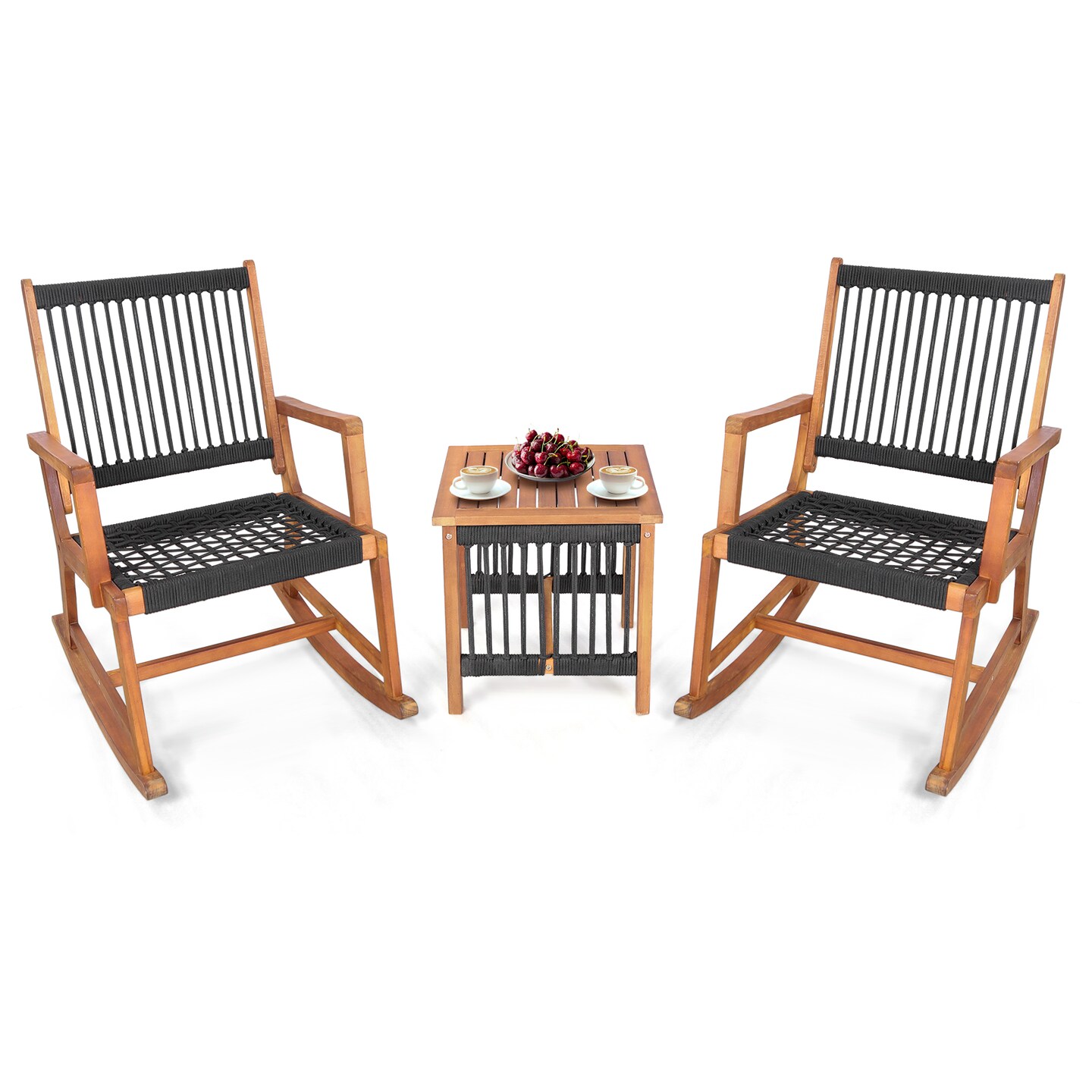 3 Pieces Acacia Wood Rocking Bistro Set with Hand-Woven Plastic Rope
