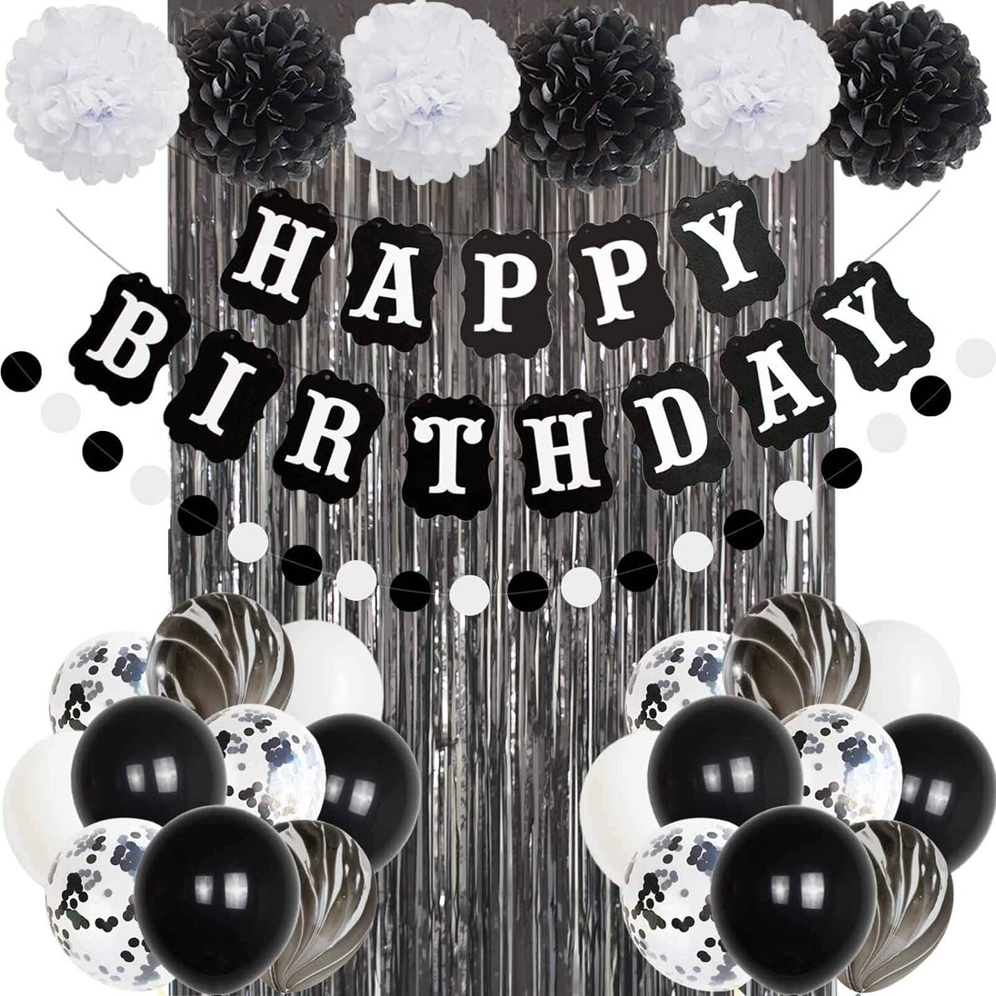 Black and White Happy Birthday Party Decorations, 30 Pcs Balloons Banner Foil Fringe Curtains, for Men Women