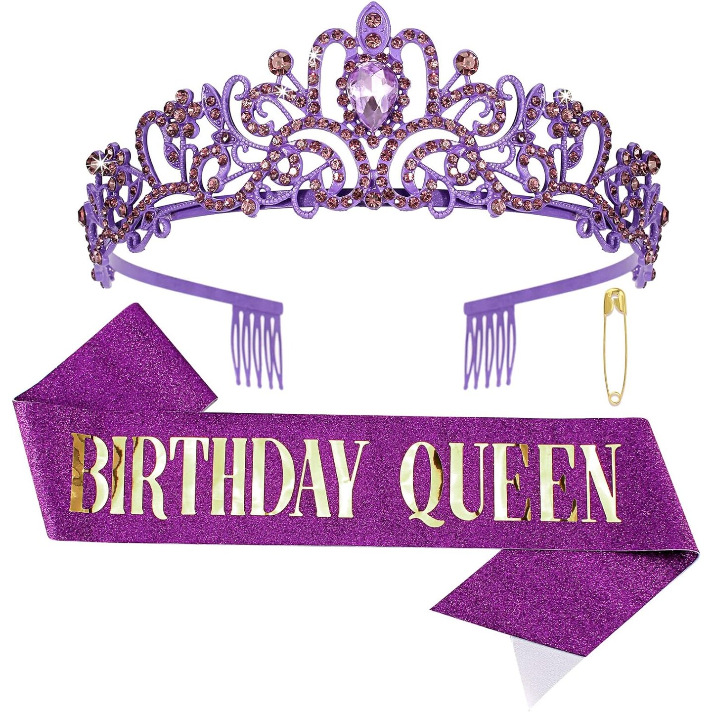 Purple Birthday Sash & Queen Crown Kit, Purple Birthday Decorations, Purple Crown, Purple Tiara, Purple Crowns for Women Girls, Purple Birthday Crown Tiara, Birthday Crown and Sash, Purple