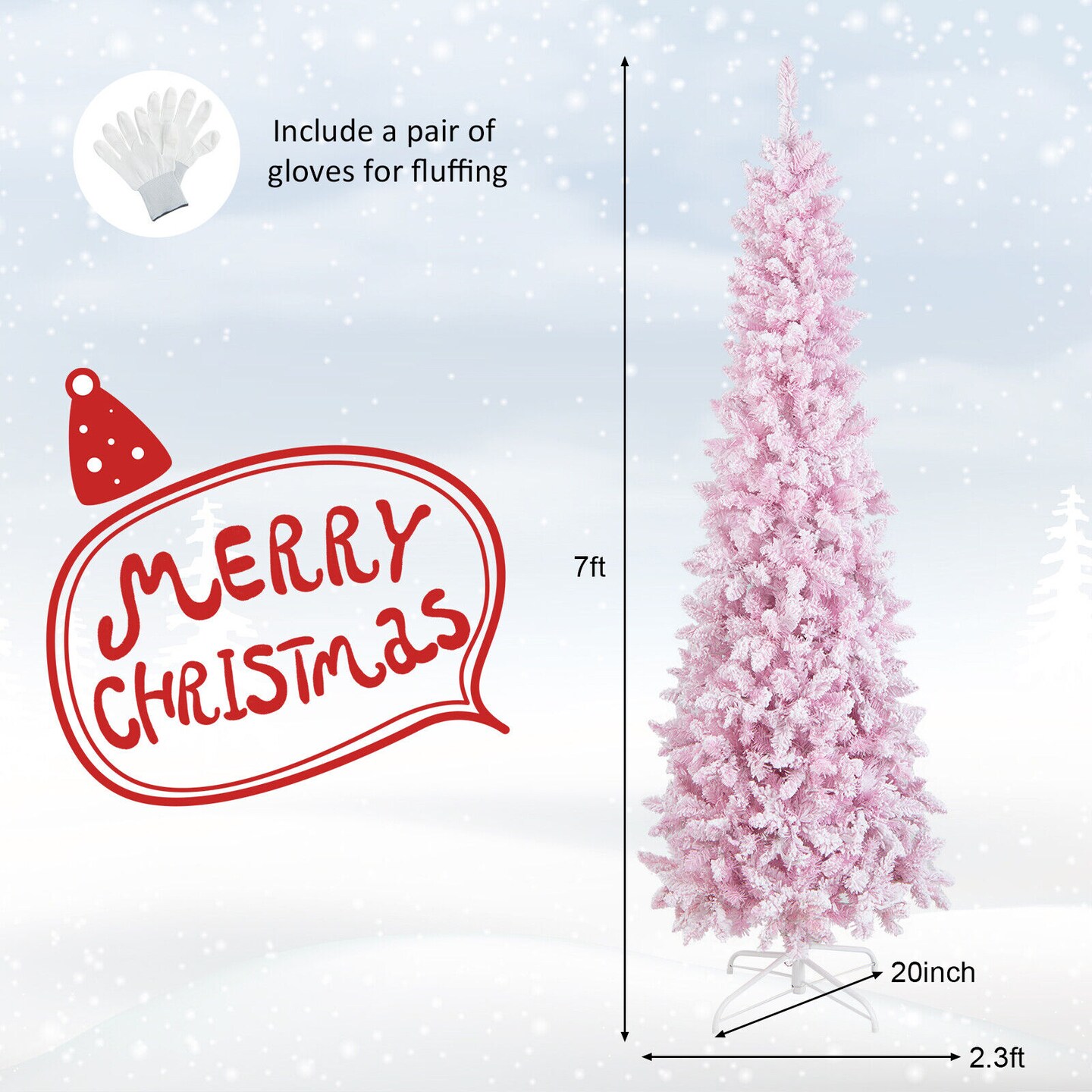 7 Feet Pre-lit Snow Flocked Hinged Pencil Christmas Tree With 300 Lights and 8 Modes