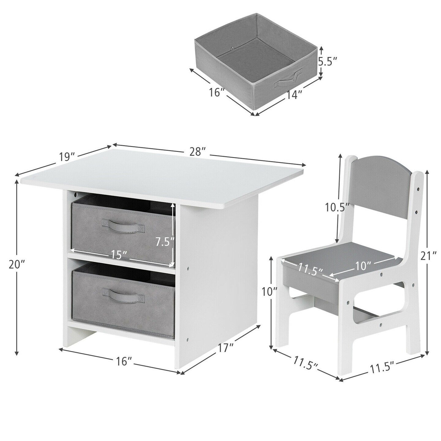 Kids Activity Table Chair Set Gray MDF Solid Wood Removable Storage Baskets