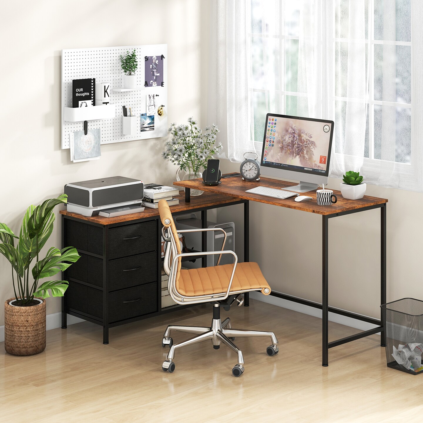 L-shaped Computer Desk With Power Outlet For Working Studying Gaming