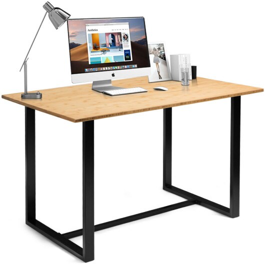 Computer Desk with Wicker Top &#x26; Metal Frame-Natural Desk