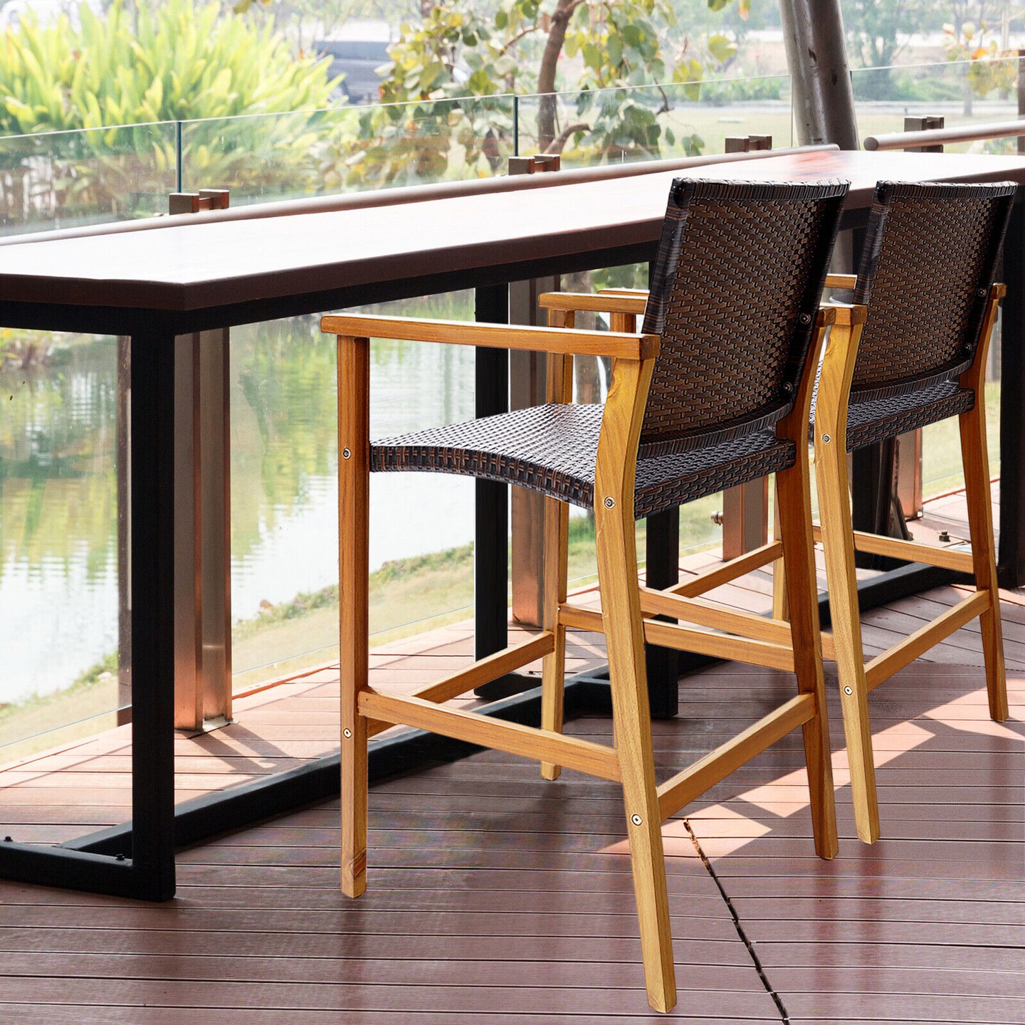 Set Of 2 Pe Wicker Patio Bar Chairs With Acacia Wood Armrests