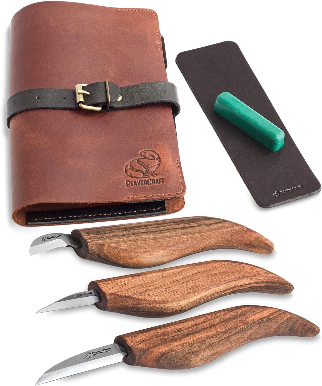 BeaverCraft Wood Carving Kit Deluxe Whittling Knives Set &#x26; Leather Strop for Carving Knife S15X Wood Carving Knives Set, Tools &#x26; Knife Strop with Polishing Compound Wood Whittling Kit and Leather Case