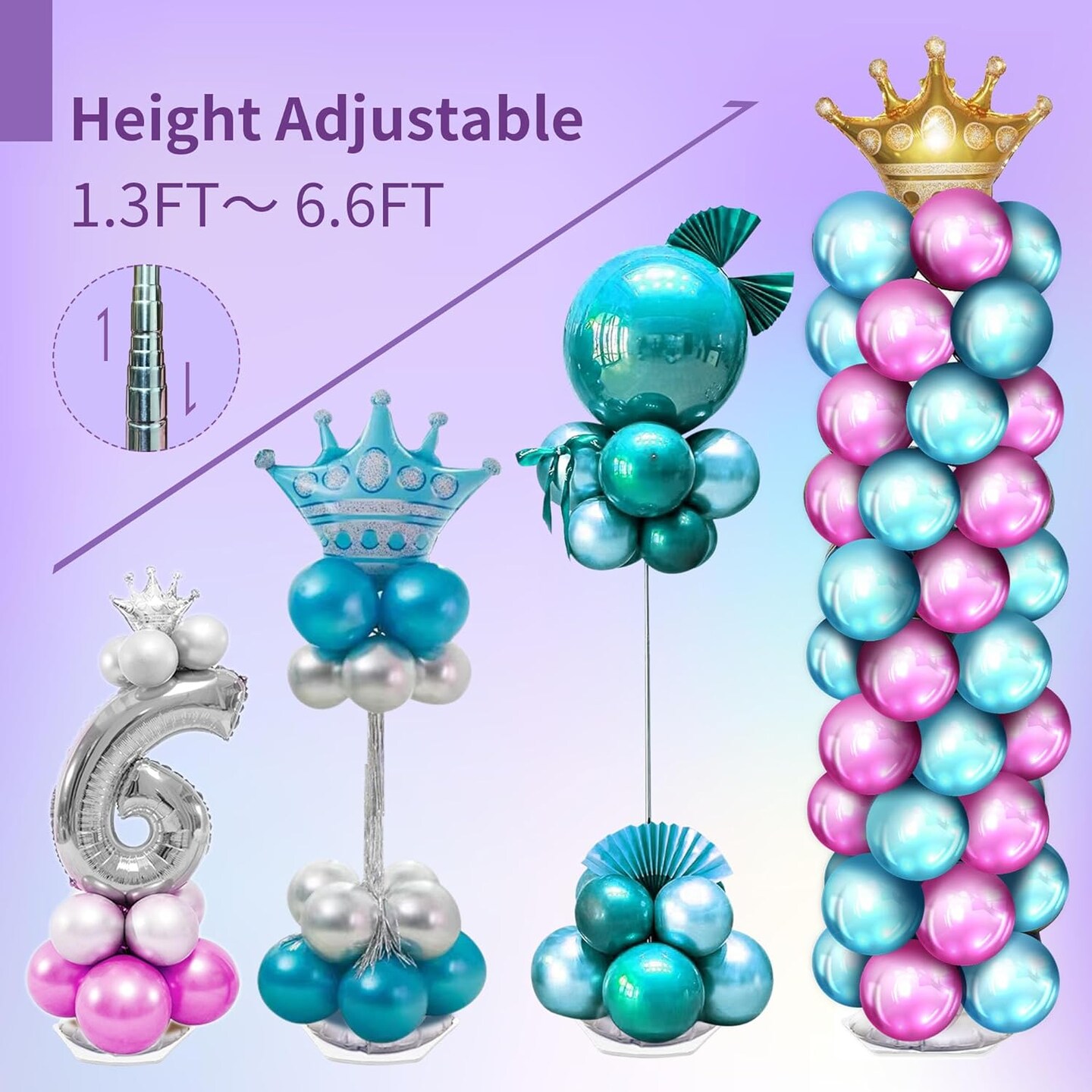 Balloon Column Kit Set Of 2, Balloon Stand for Floor with Base and Metal Telescopic Pillar(6.6ft Adjustable Height)for Birthday,Graduation,Baby Shower, Wedding Party Decoration