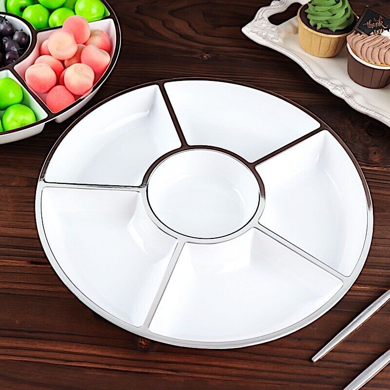 4 White Silver Trim 12&#x22; Round SERVING TRAYS Food Compartments