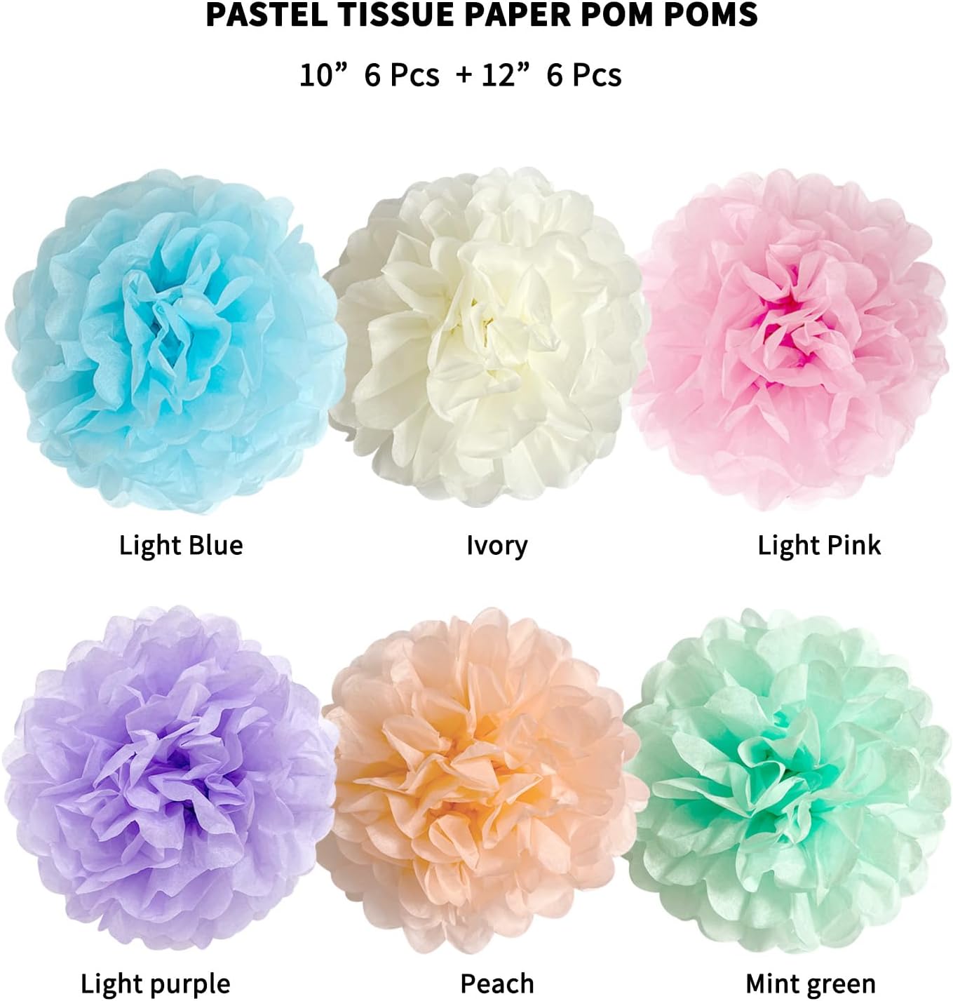 Pastel Tissue Paper Pom Poms Party Decorations Rainbow Ice Cream Easter Macaron Flowers Wall Hanging D&#xE9;cor Supplies Birthday Bridal Baby Shower Colorful Pink Purple Peach Mint Green Blue Ivory