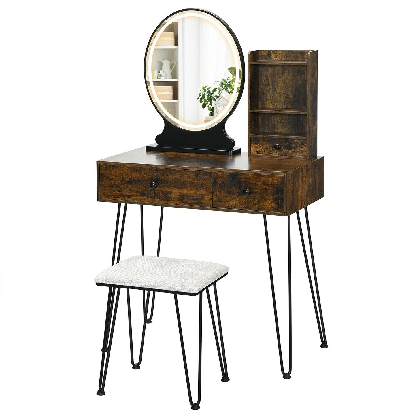Vanity Table Set With Lighted Mirror And Cushion Stool-Brown