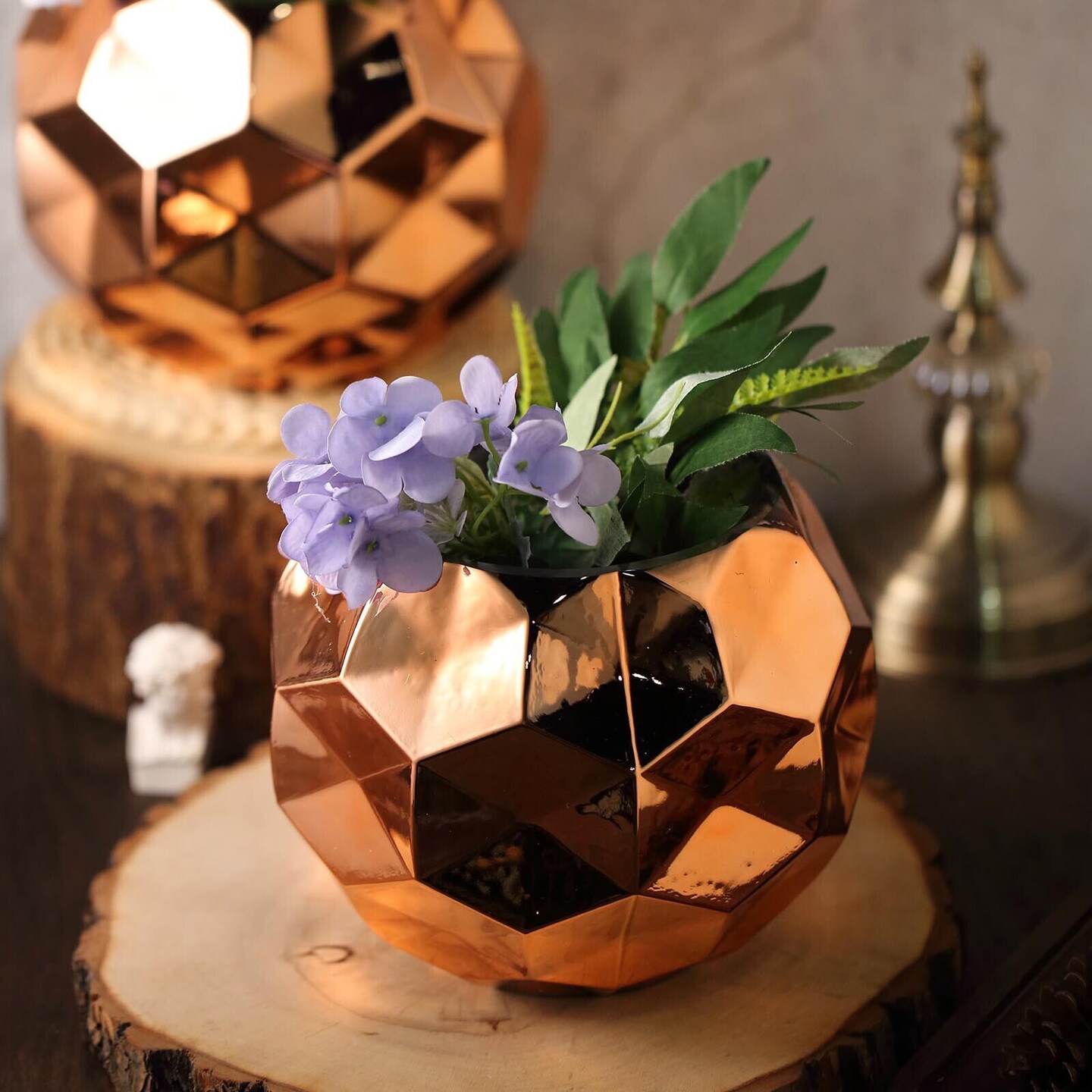 2 pcs 6-Inch tall Rose Gold Geometric Mercury Glass Candle Holders