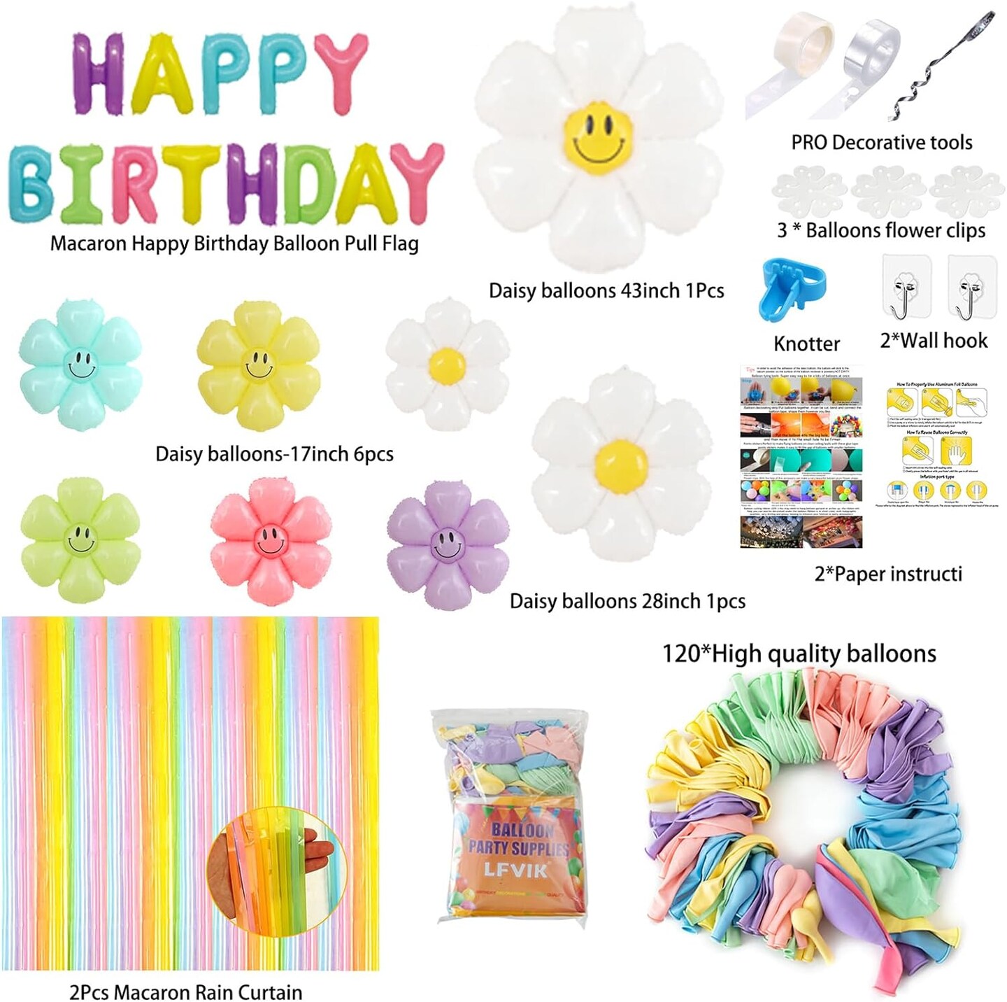 KLHKLH Daisy & Macaron Birthday Banner – Daisy Wreath Theme Party Decorations & Letter Set