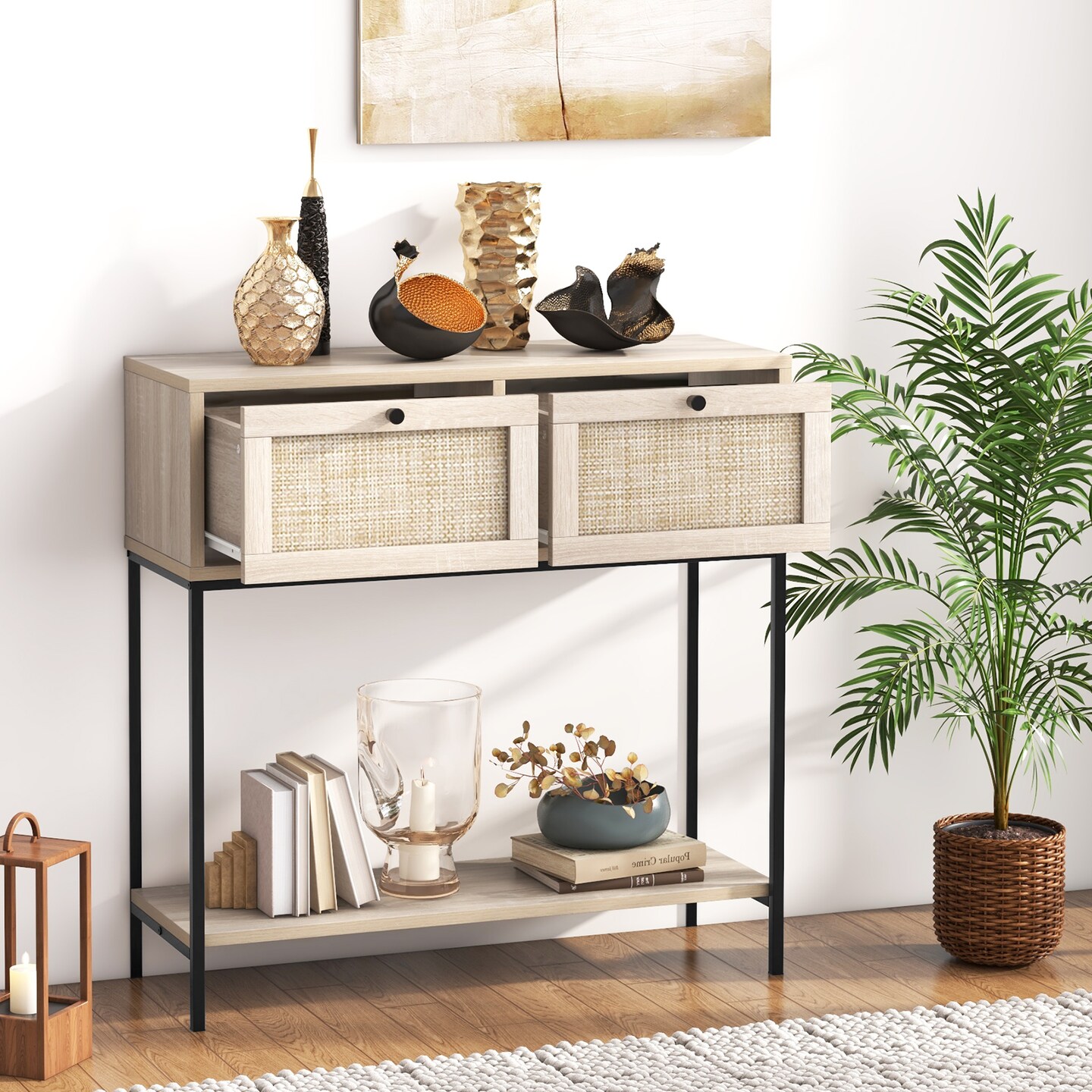 Rattan Console Table Boho Entryway Table With 2 Rattan Drawers And Open Storage Shelf-Oak