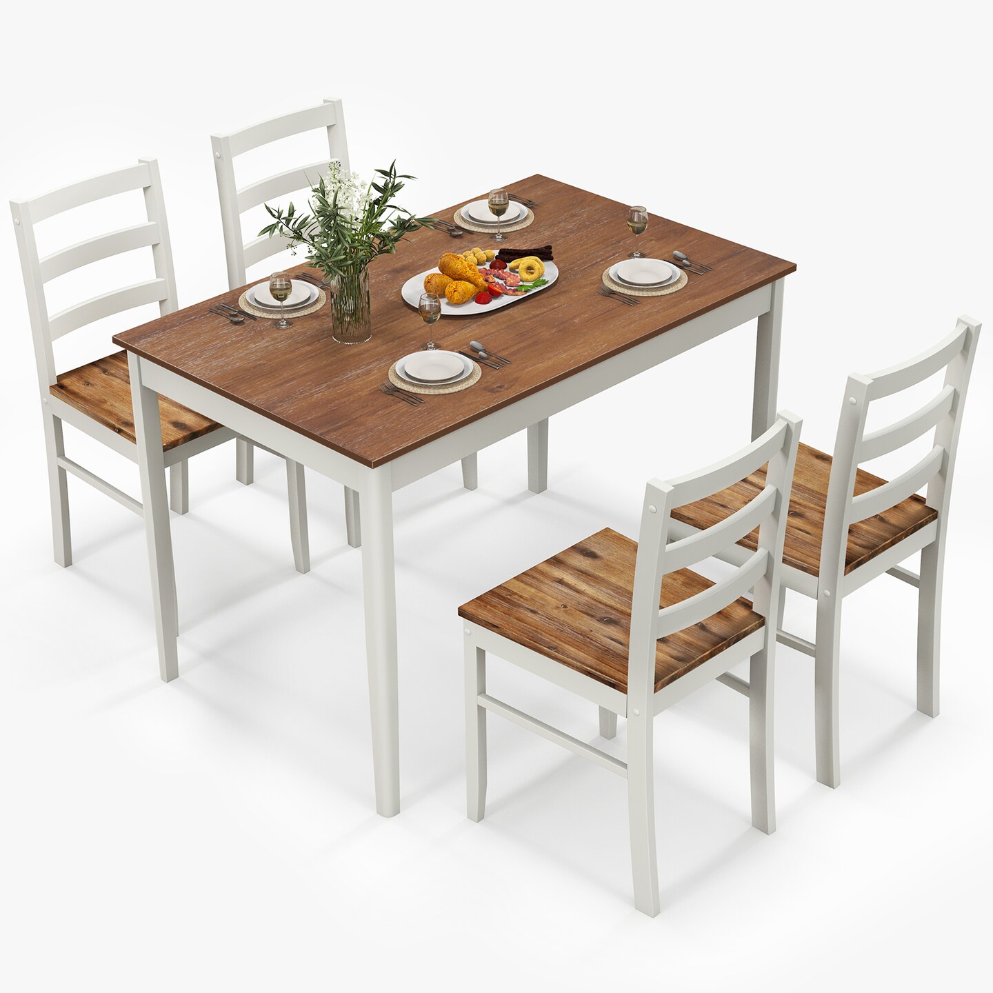 5-piece Wooden Dining Set With Rectangular Table And 4 Chairs-coffee And White