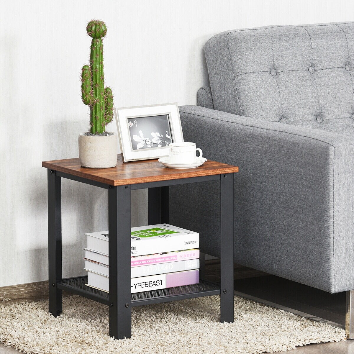 Industrial Side Table Wood and Iron End Table with Mesh Shelf Bedside Table Black