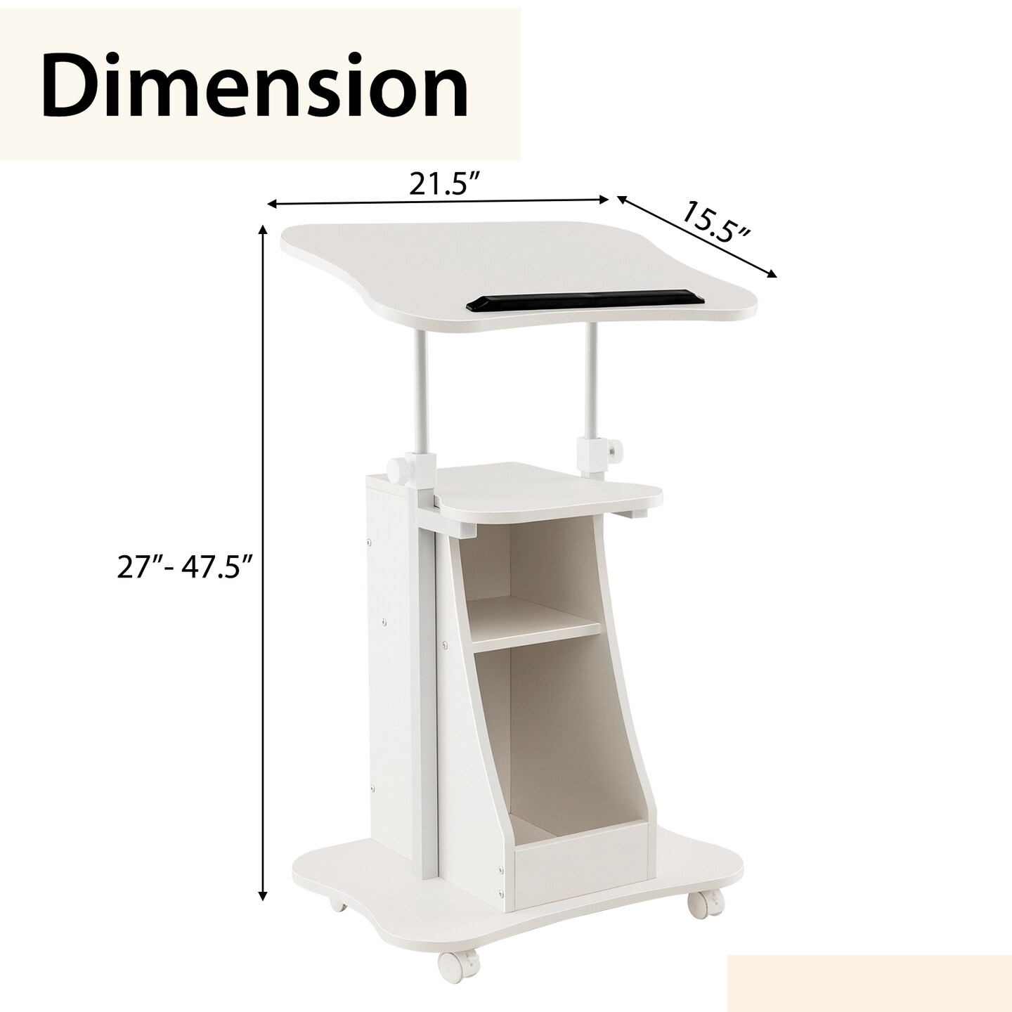 Mobile Podium Stand Height Adjustable Laptop Cart with Tilting Tabletop and Storage Compartments