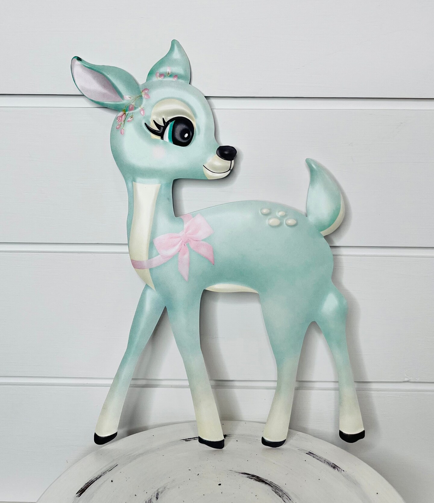 Enchanting 9.5&#x22;Lx13&#x22;H Embossed Metal Christmas Bambi Deer Sign in Mint Green-MD079650