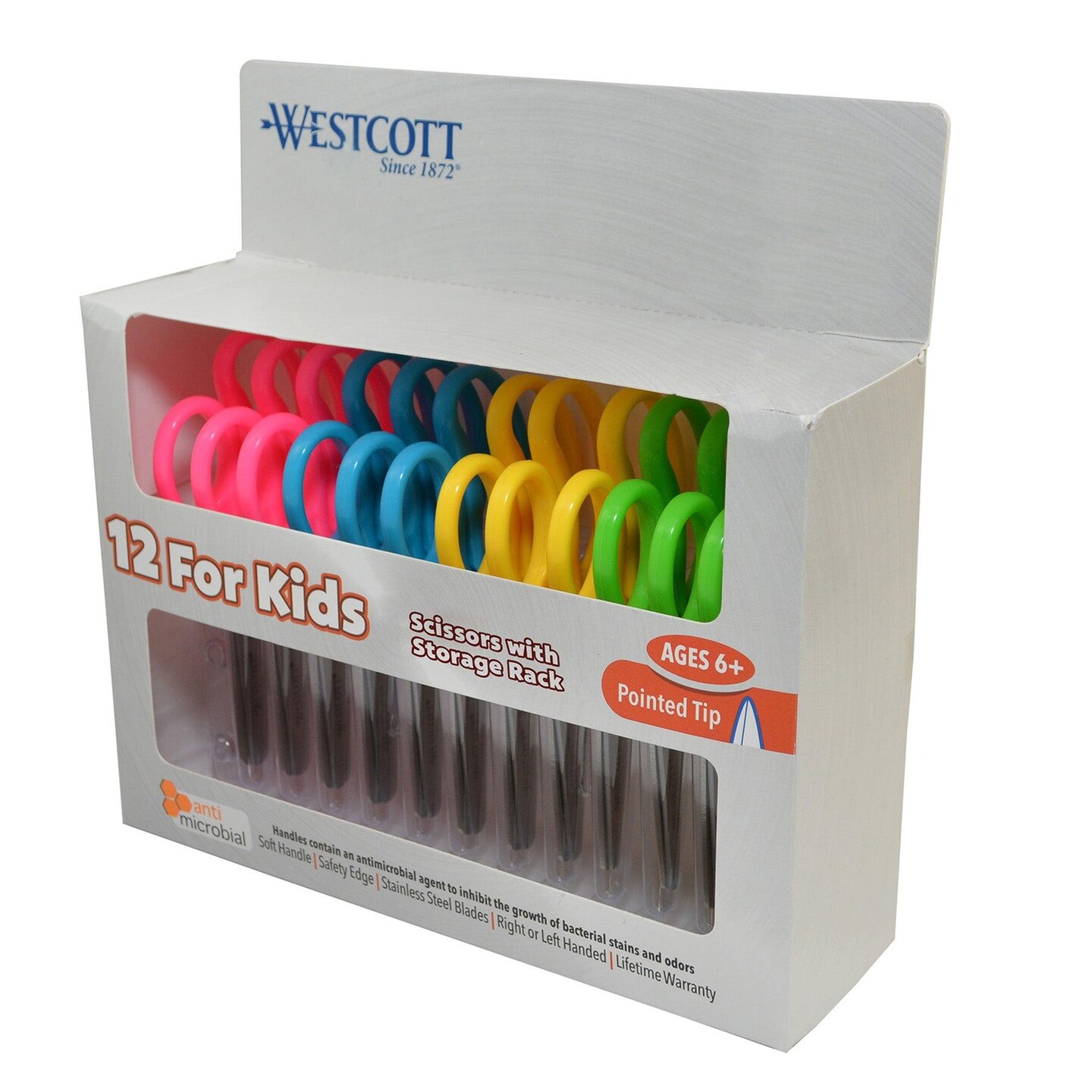 Kids Pointed 5&#x22; Scissors with Storage Rack, Assorted Colors, Set of 12