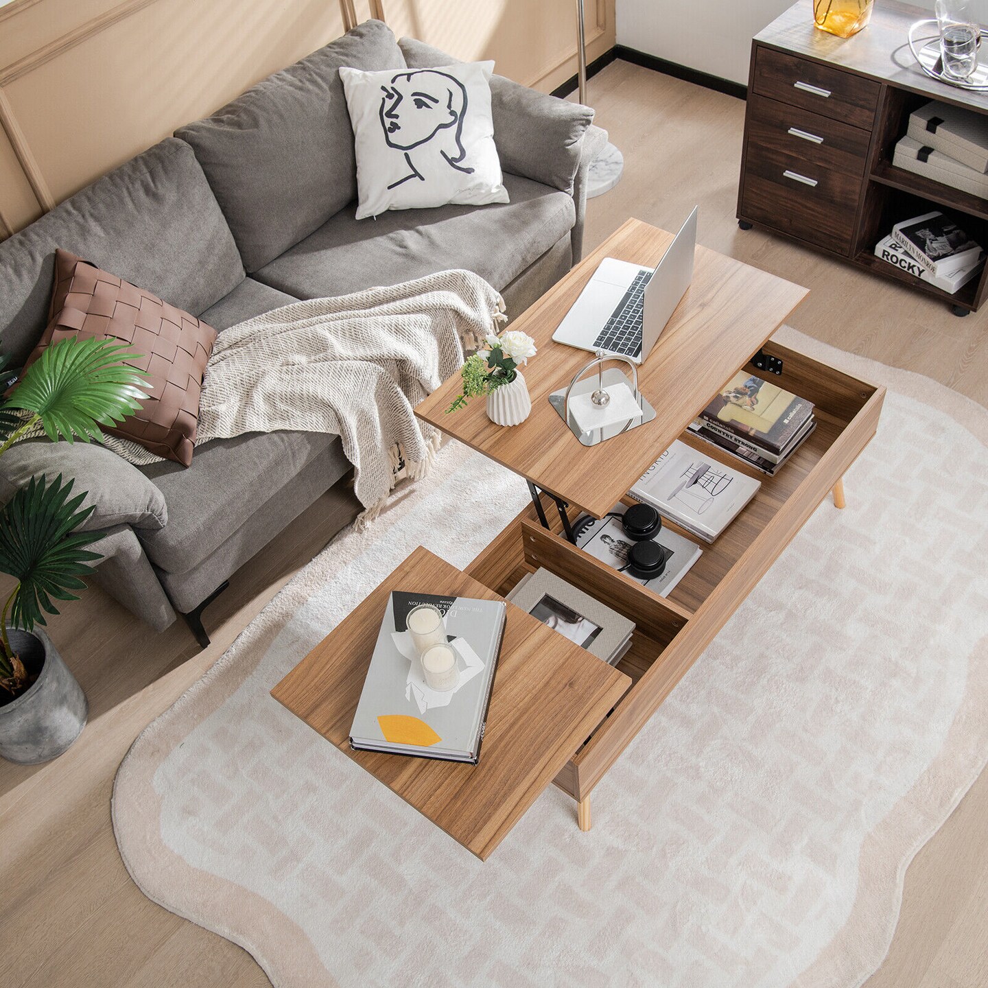 Lift Top Coffee Table with 2 Storage Compartments Engineered Wood Steel Brown