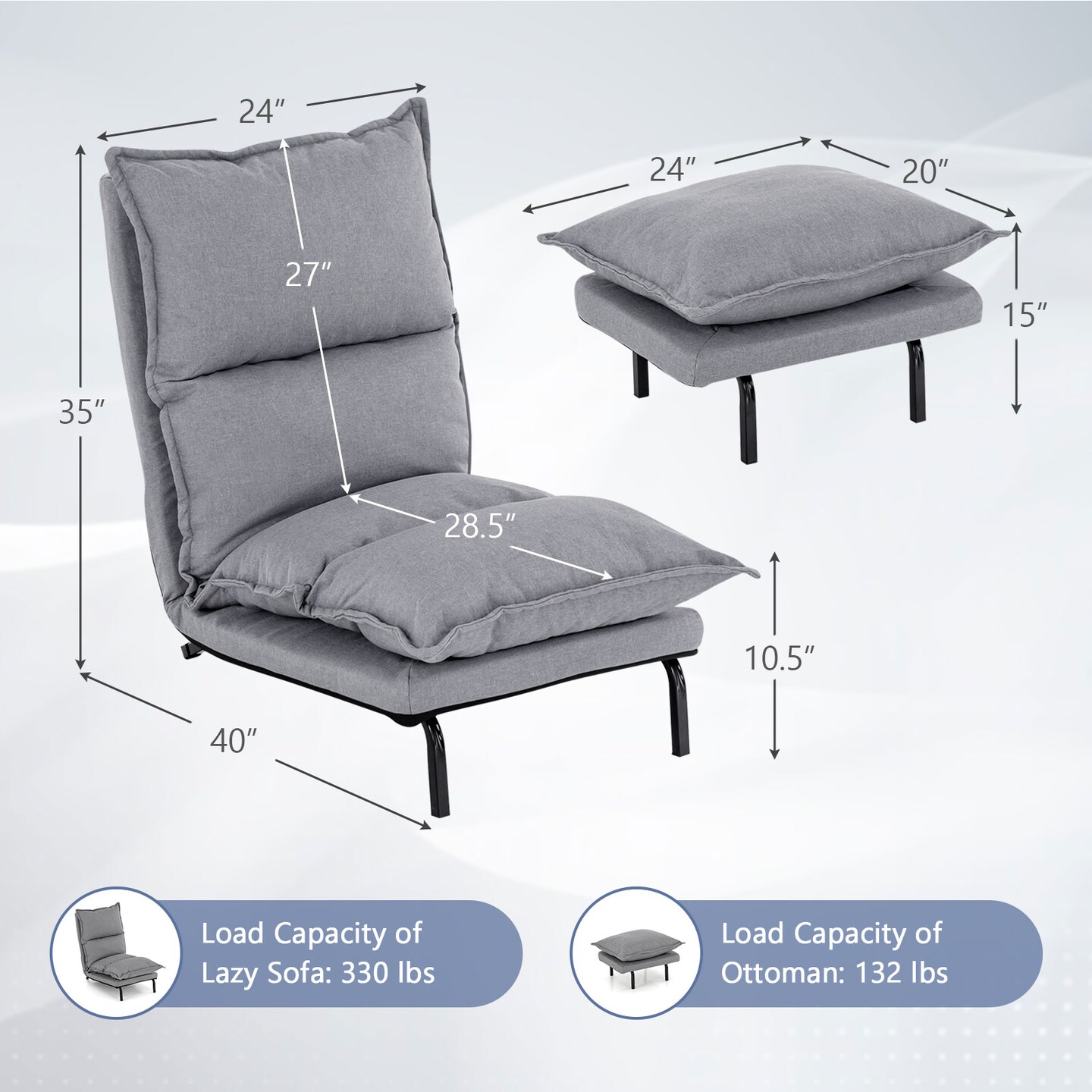 Modern Armless Accent Chair With Ottoman For Living Room-Grey