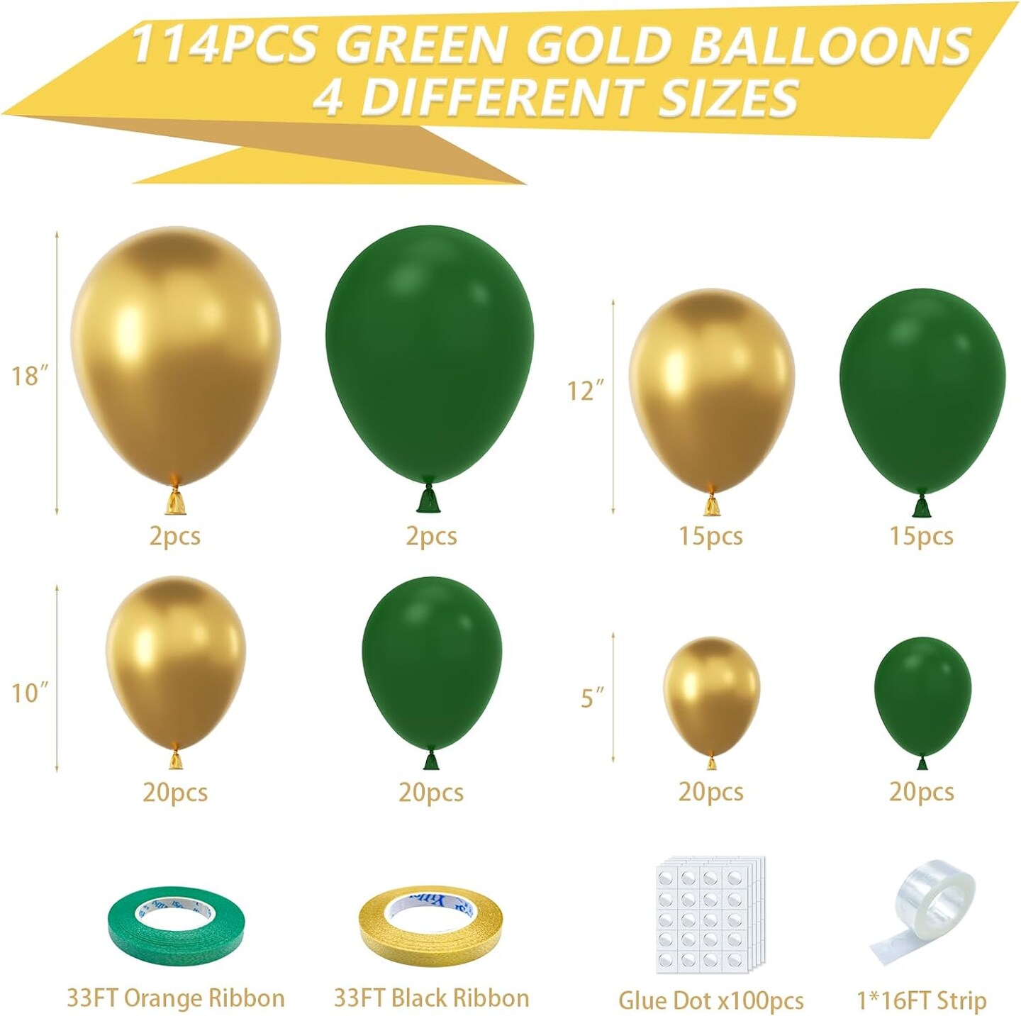 Green and Gold Balloon Garland Arch kit,114Pcs Gold Metallic Balloons Forest Hunter Dark Green Latex Balloons Different Sizes Pack of 18 12 10 5 Inch for Baby Shower Jungle Party Decorations