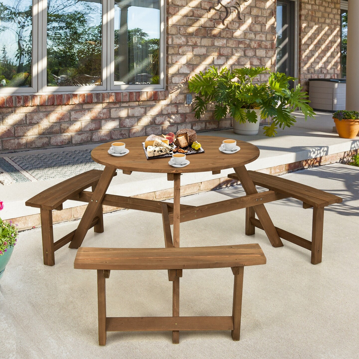 6-person Round Wooden Picnic Table With Umbrella Hole And 3 Built-in Benches-Dark Brown