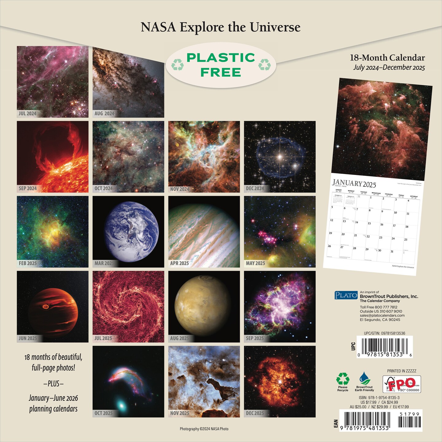 NASA Explore the Universe | 2025 12 x 24 Inch 18 Months Monthly Square Wall Calendar | July 2024 - December 2025 | Plastic-Free | Plato | Space Cosmos Inspiration