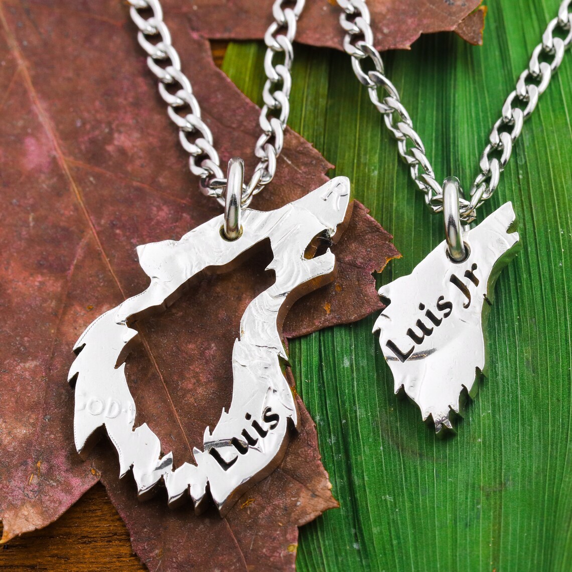 Wolf Father and Son Necklaces, Custom Engraved Names, Family