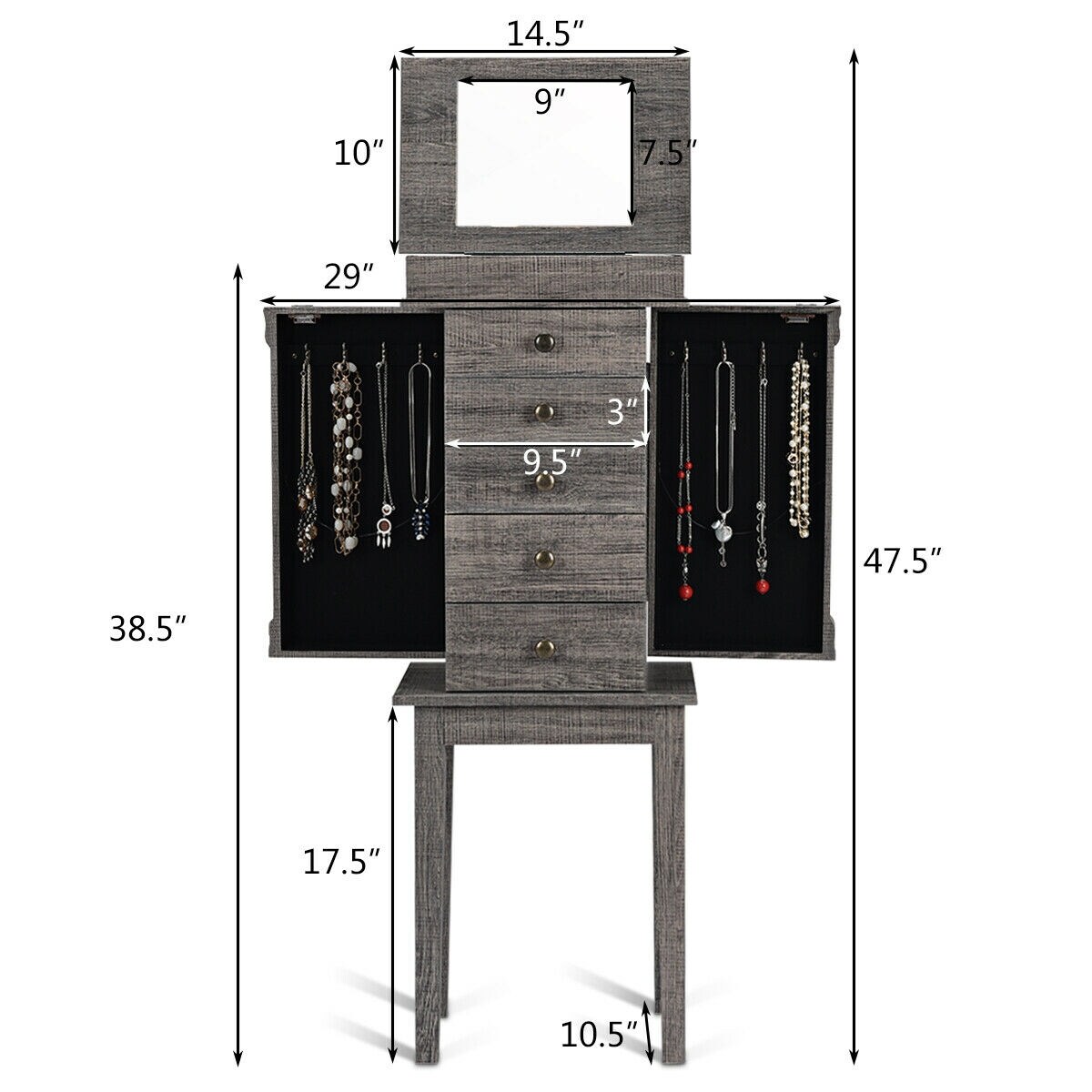 Standing Jewelry Cabinet Storage Organizer With Wooden Legs