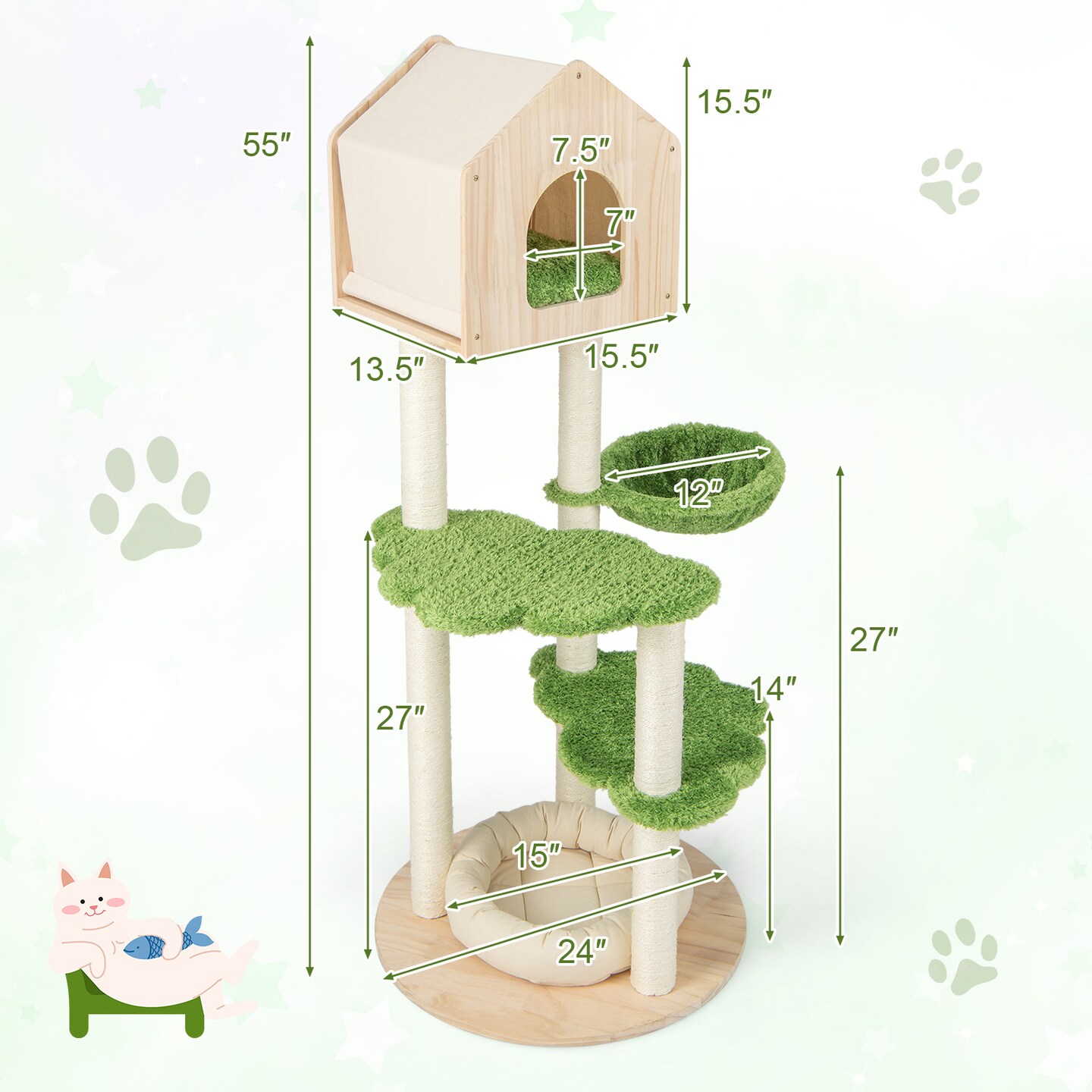 55 Inch Tall Cat Climbing Stand With Sisal Scratching Posts And Soft Cat Bed For Indoor Kittens