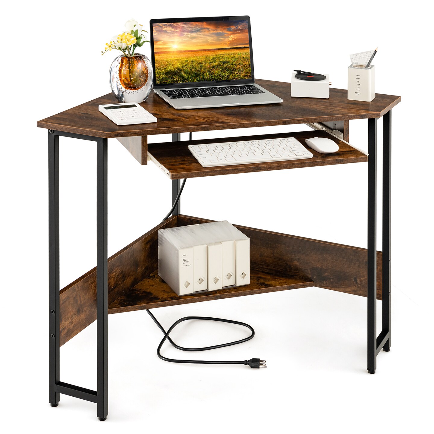 Triangle Corner Desk With Charging Station Keyboard Tray And Storage Shelf-rustic Brown