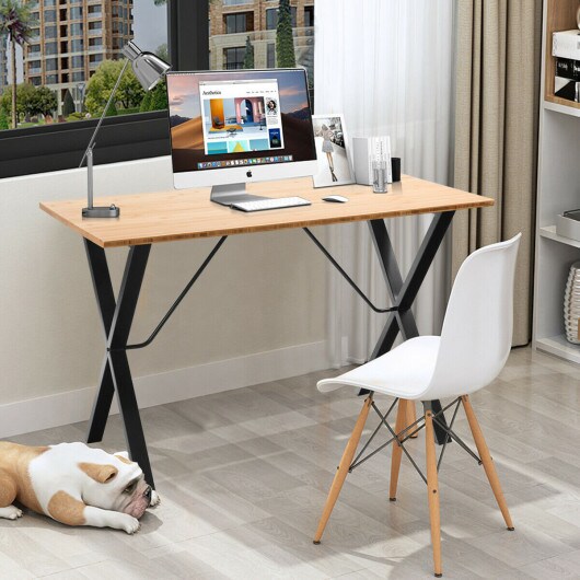 Computer Office Desk with Wicker Top + Metal Frame-Natural Desk