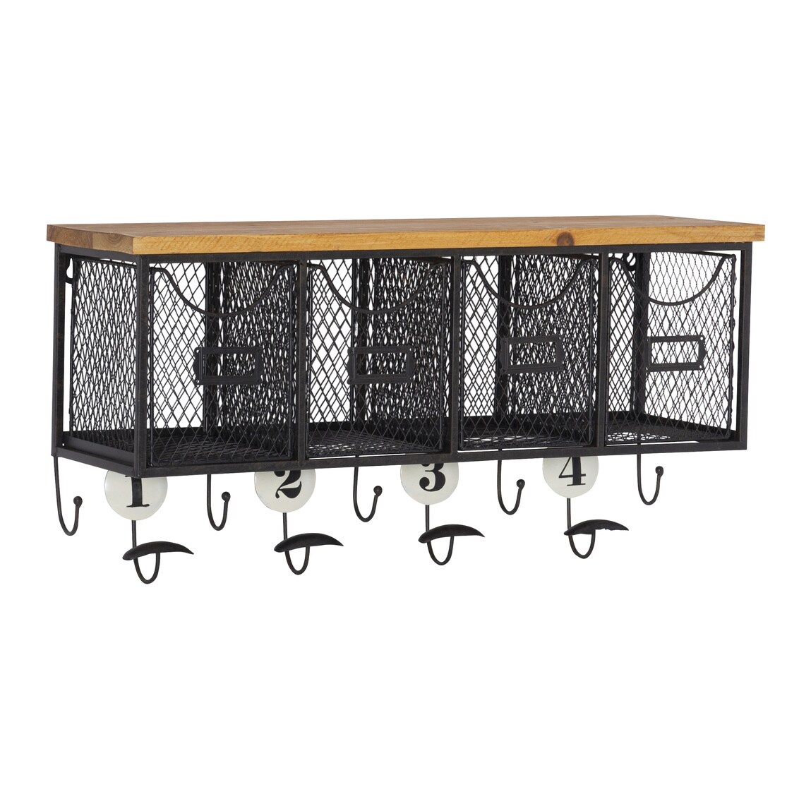Wall Organizer With 4 Metal Baskets And Wood Top Hooks For Entryway Storage
