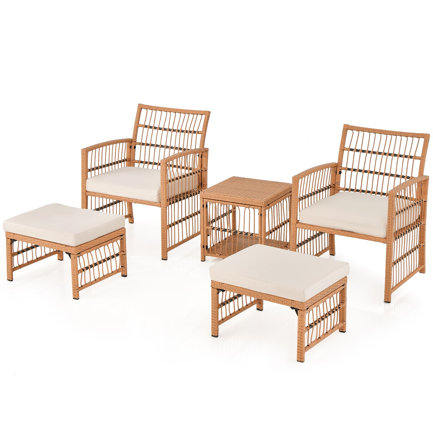 5 Piece Patio Wicker Sofa Set With Seat And Back Cushions-Natural